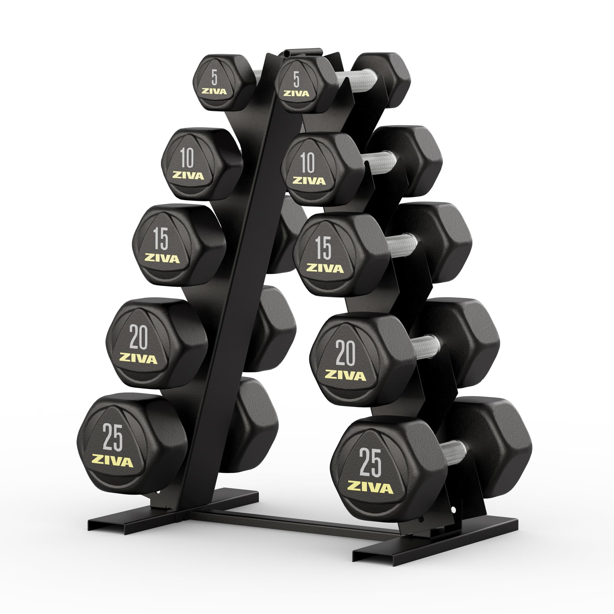 ZIVA 150 lb Hexagon Dumbbell Set with Rack - 5lb-25lb PPU Coated Dumbbell Pairs, Scratch-Proof Handles, UV & Corrosion-Resistant, Steel Weight Rack, Space-Saving Design for Home Gym