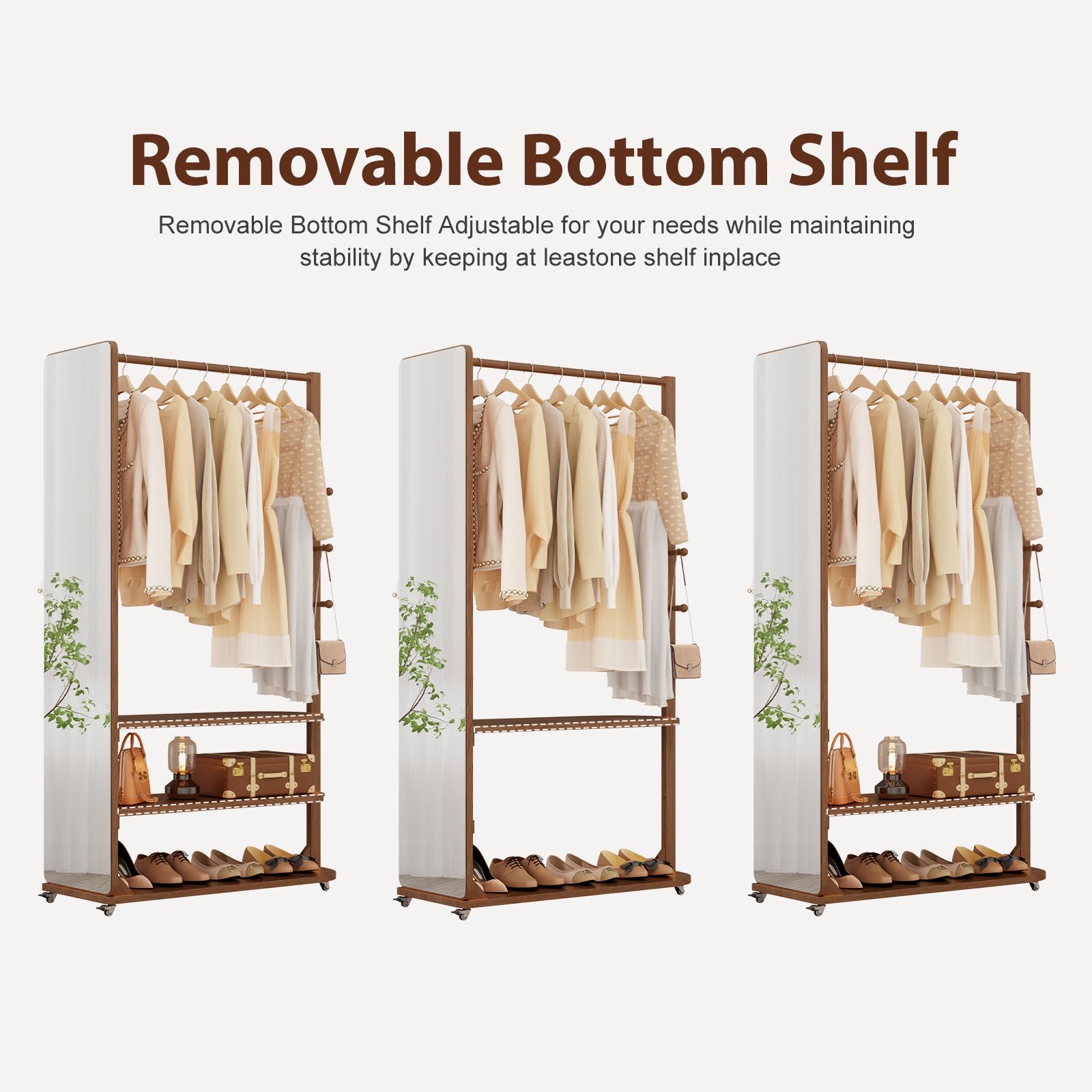DONGMUWUJEE Solid Wood Full Length Mirror Clothes Rack,70" x 40" x 16" Oversize Standing Mirror Full Length with Brake Wheels, Floor Mirror for Living Room, Entryway, Bedroom (Walnut)