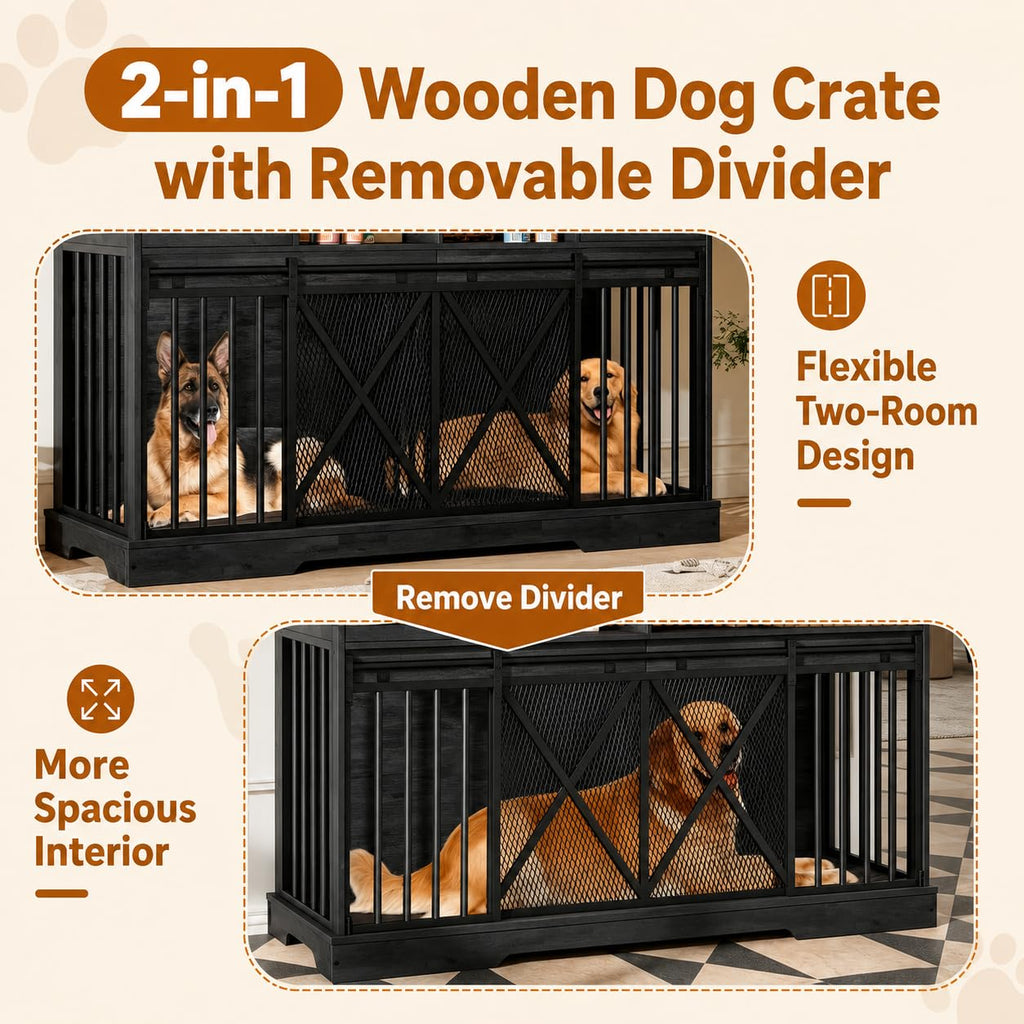 63" Large Dog Crate Furniture, Heavy Duty Indoor Dog Kennel with Removable Divider, Sliding Doors, 2 Drawers and Open Shelves, Decorative TV Stand for Living Room, Black