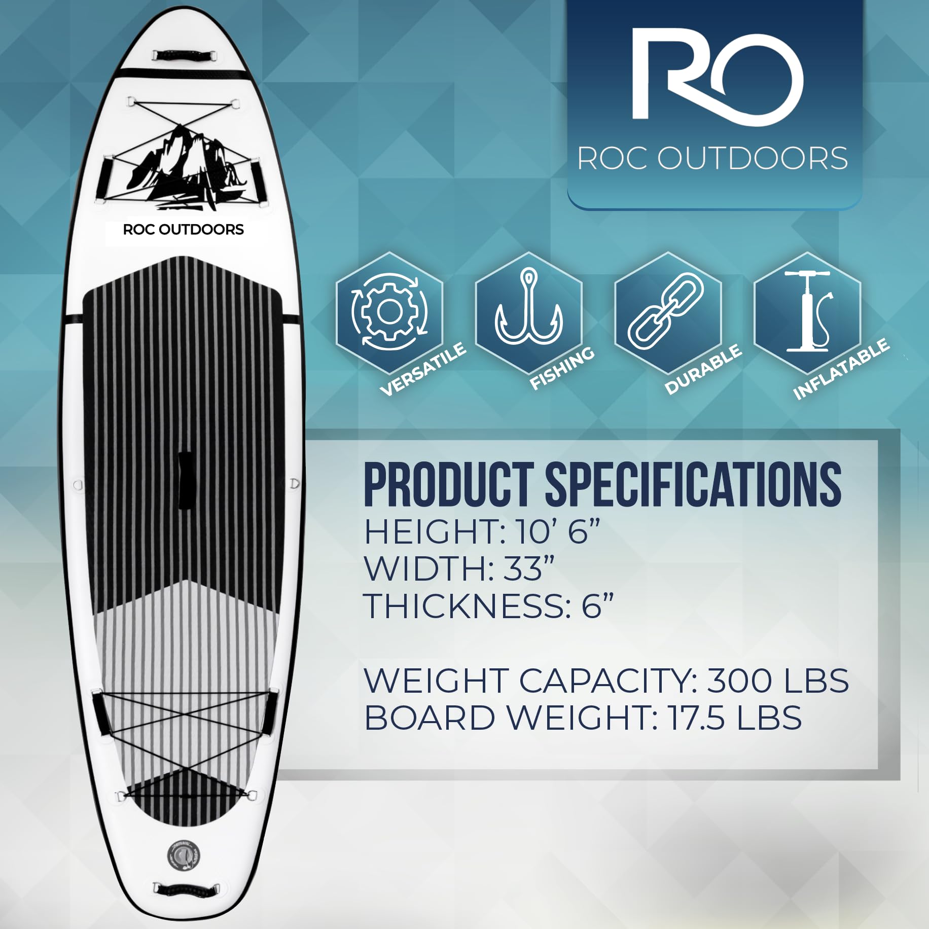 Roc Inflatable Stand Up Paddle Board 10' 6" with Premium SUP Paddle Board Accessories, Wide Stable Design, Non-Slip Comfort Deck for Youth & Adults (Black & White/Kayak Seat)