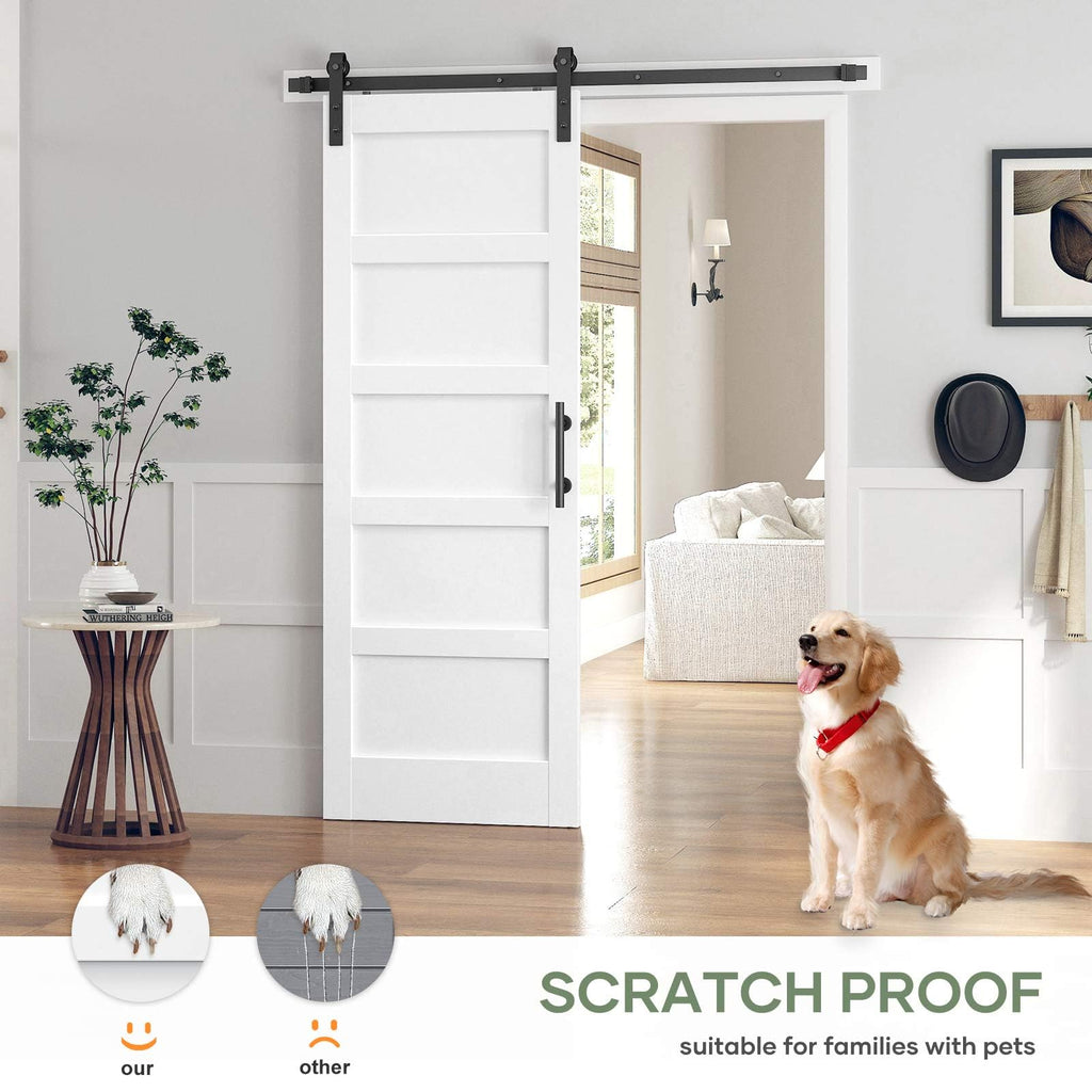 ROYMELO 32x80 Inch White Sliding Barn Door Slab with 5.5ft Hardware Kit Included, 5-Panel, MDF Wood Panel Covered with Water-Proof Scratch-Proof PVC Surface, Simple DIY Assembly