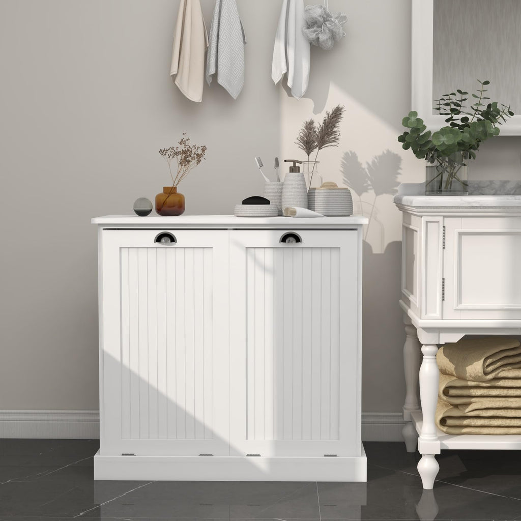 KCSWKJ Two-Compartment Tilt-Out Laundry Sorter Cabinet-White
