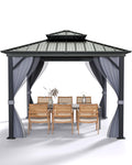 Outdoor Gazebo 12x12 Hardtop, Aluminum Frame Permanent Pavilion with Double Roof, Mosquito Netting & Privacy Curtains for Patio, Garden, Deck, Lawn and Backyard Parties
