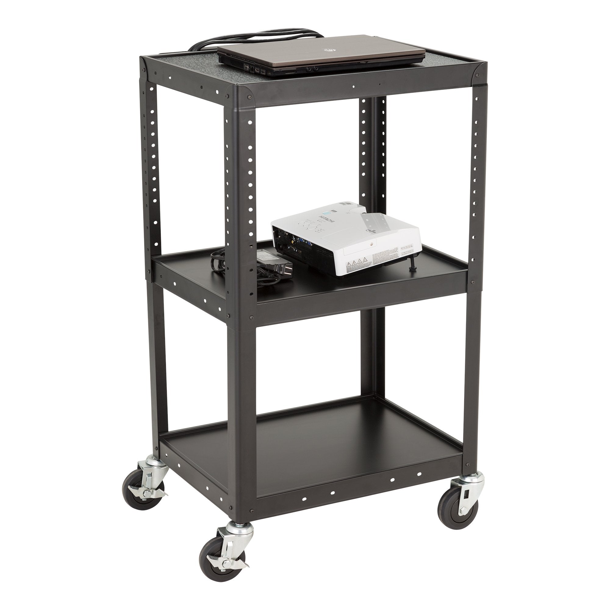Norwood Commercial Furniture Adjustable Height Metal AV Cart with Electric Power Cord, Black