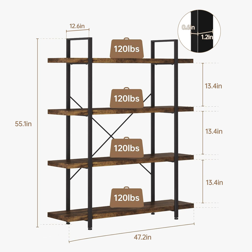 OtterOasis Bookshelf Set, Heavy Duty 4-Tier Industrial Bookcase, 47" Wide Wood Bookshelf for Home Office, 120lbs Shelf Capacity, Rustic Open Display with Horizontal Shelf for Living Room Bedroom