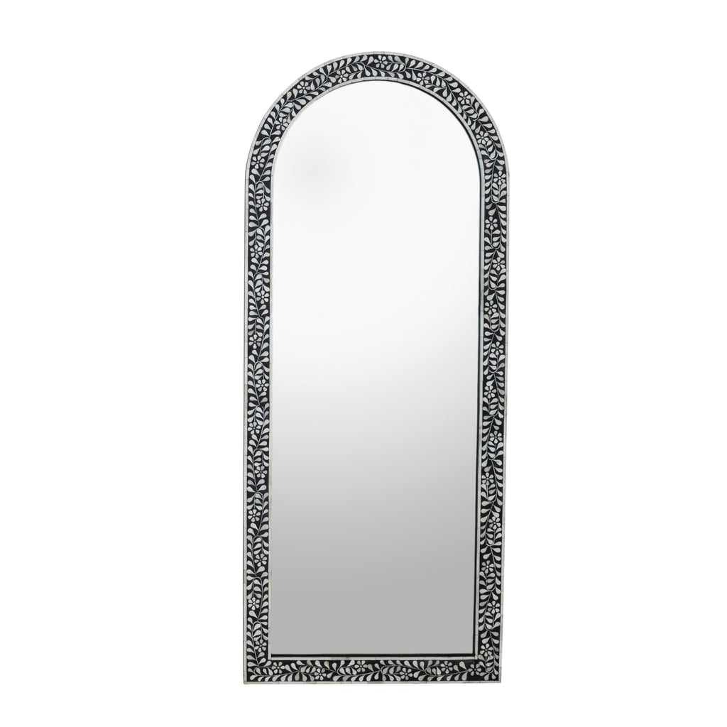 Creative Co-Op Mango Wood Arched Mirror with Bone Inlay Flowers and Leaves, Black and Ivory Finish