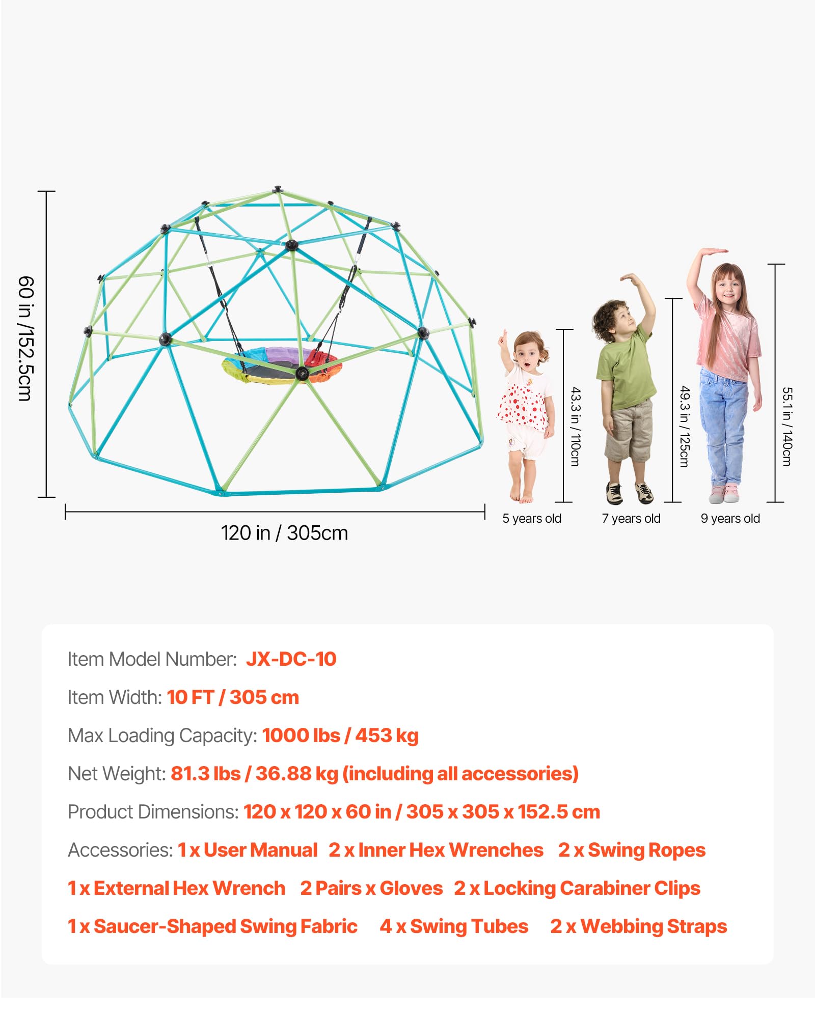 VEVOR Climbing Dome, 10FT Geometric Dome Climber with Saucer Swing, 1000LBS Loading Kid's Jungle Gym Playground, Easy-Assembly Outdoor Backyard Climbing Equipment for Boys Girls 3 to 10 Years Old