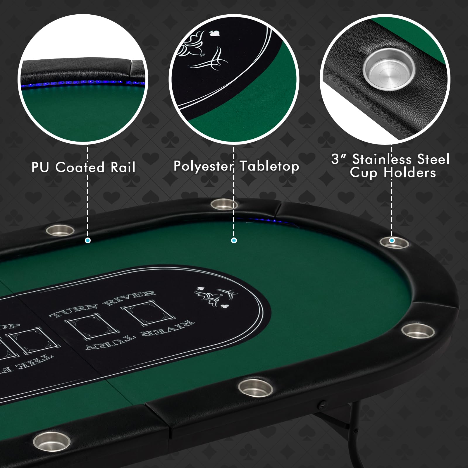 Giantex 10 Players Poker Table with Cup Holder, Folding Casino Leisure Table with 4 USB Ports, Extra Lights, Easy to Assemble, Foldable Game Poker Tables for Texas, Card Games (Green)