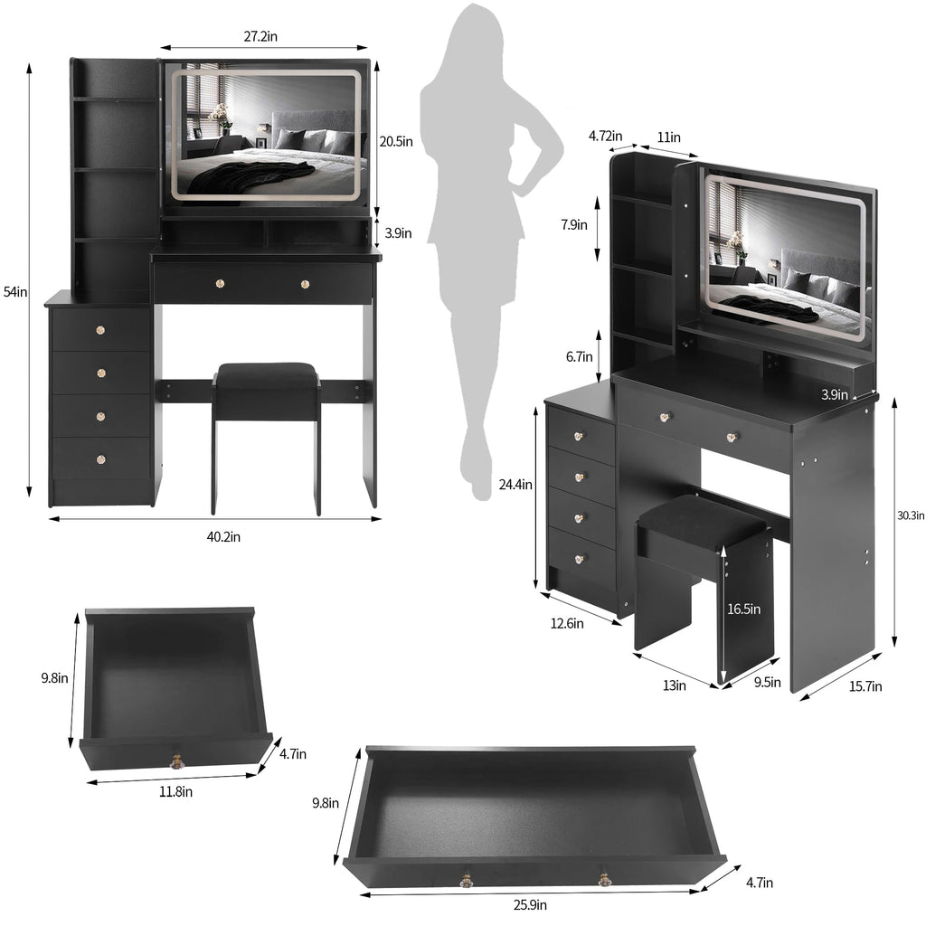KEIKI Extra-Wide Vanity Desk with Mirror, LED Lights,3 Lighting Colors，Touch-Control,Adjustable Brightness,Cushioned Stool,41'' Makeup Vanity Table Set with 5 Storage Drawers and Shelves,Black