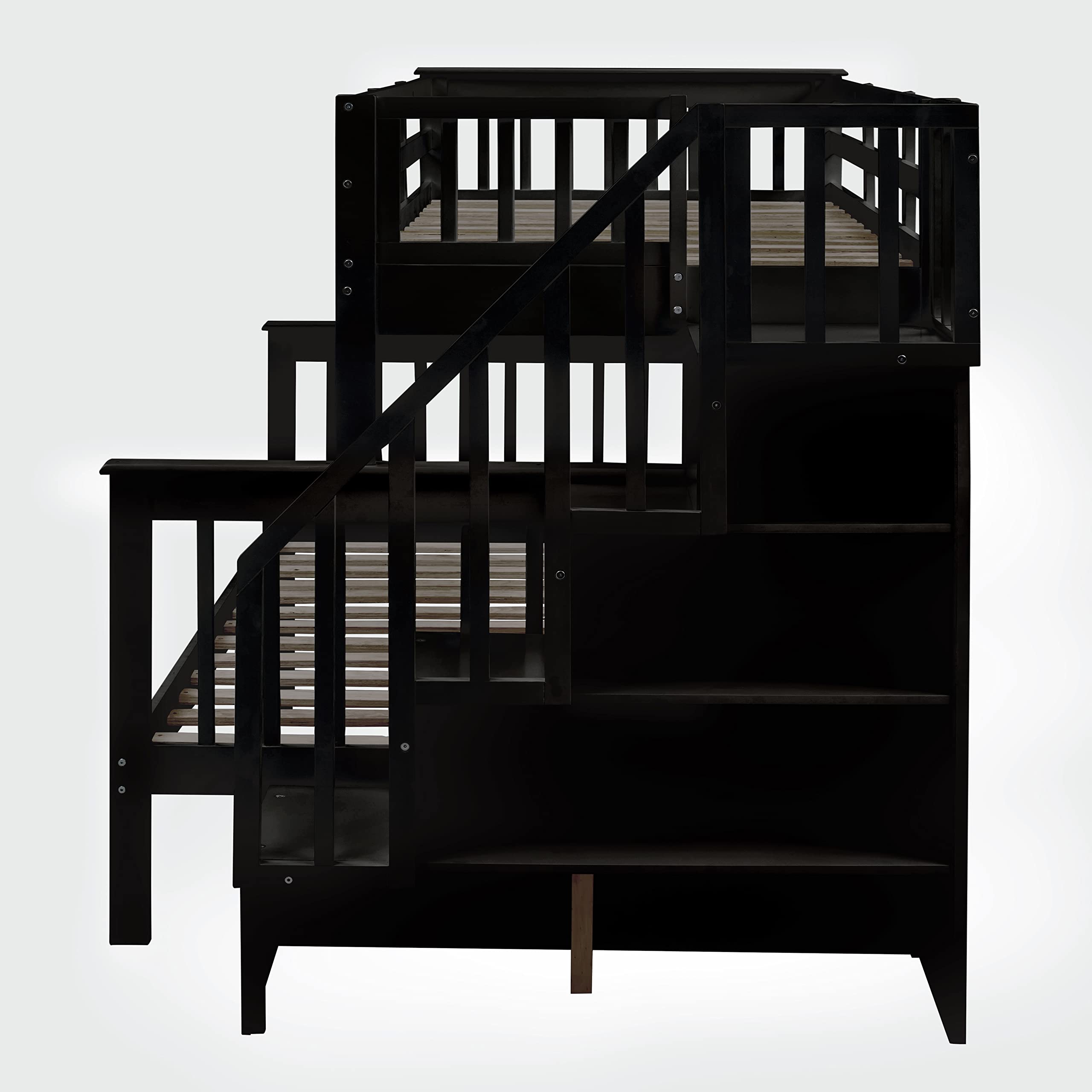 Ball & Cast Twin-Over-Full Bunk Bed with Twin Size Trundle and Storage Ladder,Wood Bunkbed w/Slat Support & Full-Length Guard Rail,Space Saving,Bedframe Furniture for Student Dorms,Studio,Espresso