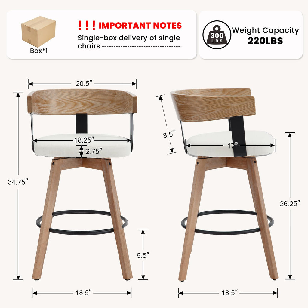 DUOMAY Swivel Bar Stools Set of 2, 26" Counter Height Bar Stool with Footrest Modern Wood Barstools with Linen Upholstered Seat Counter Stools for Kitchen Island Home Bar, White