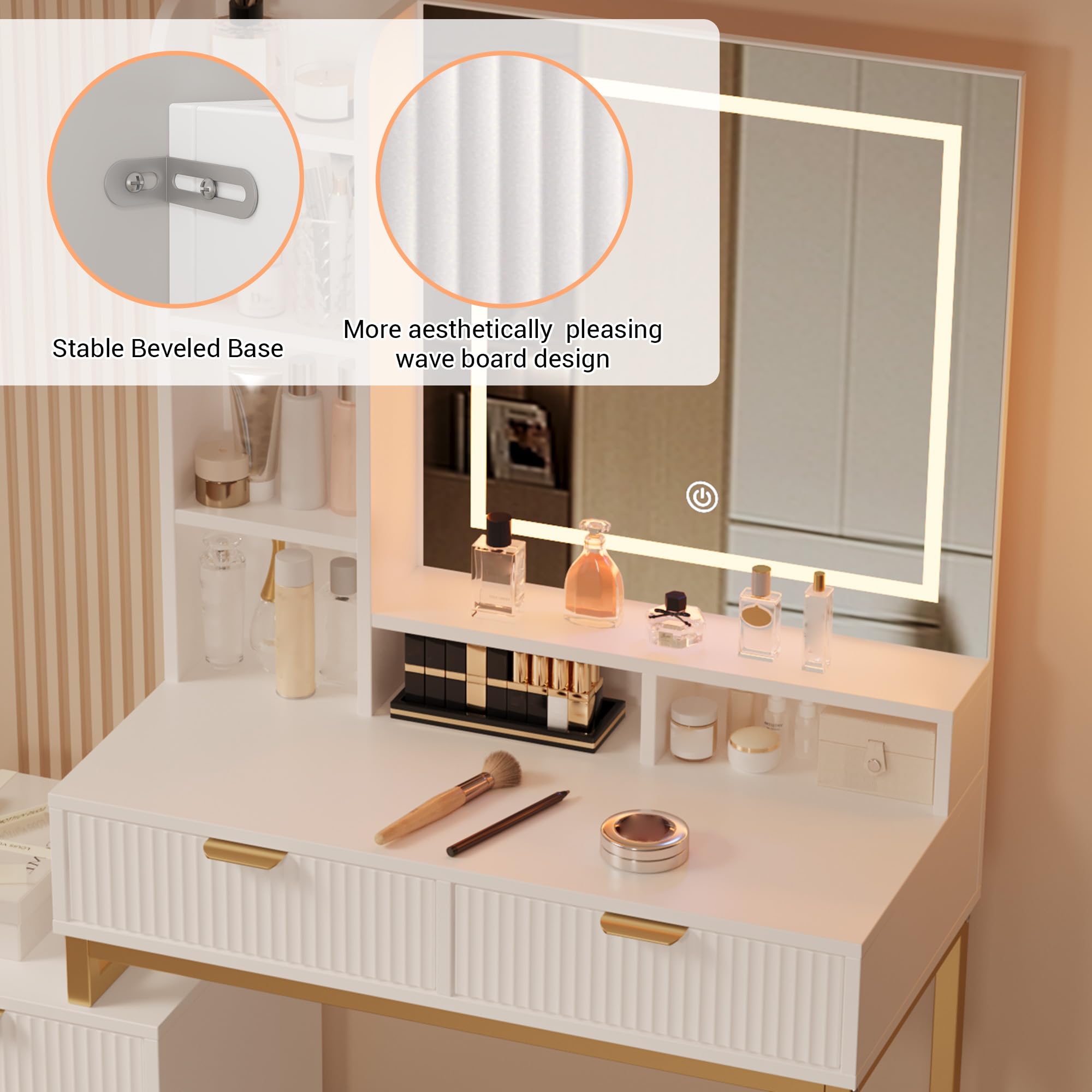 GAOMON Modern LED Makeup Vanity Desk with Mirror – 5 Drawers, Removable Side Cabinet, Cushioned Stool, Adjustable Lights – Bedroom Dressing Table for Girls & Women – Gold Iron + White Plate + Gold