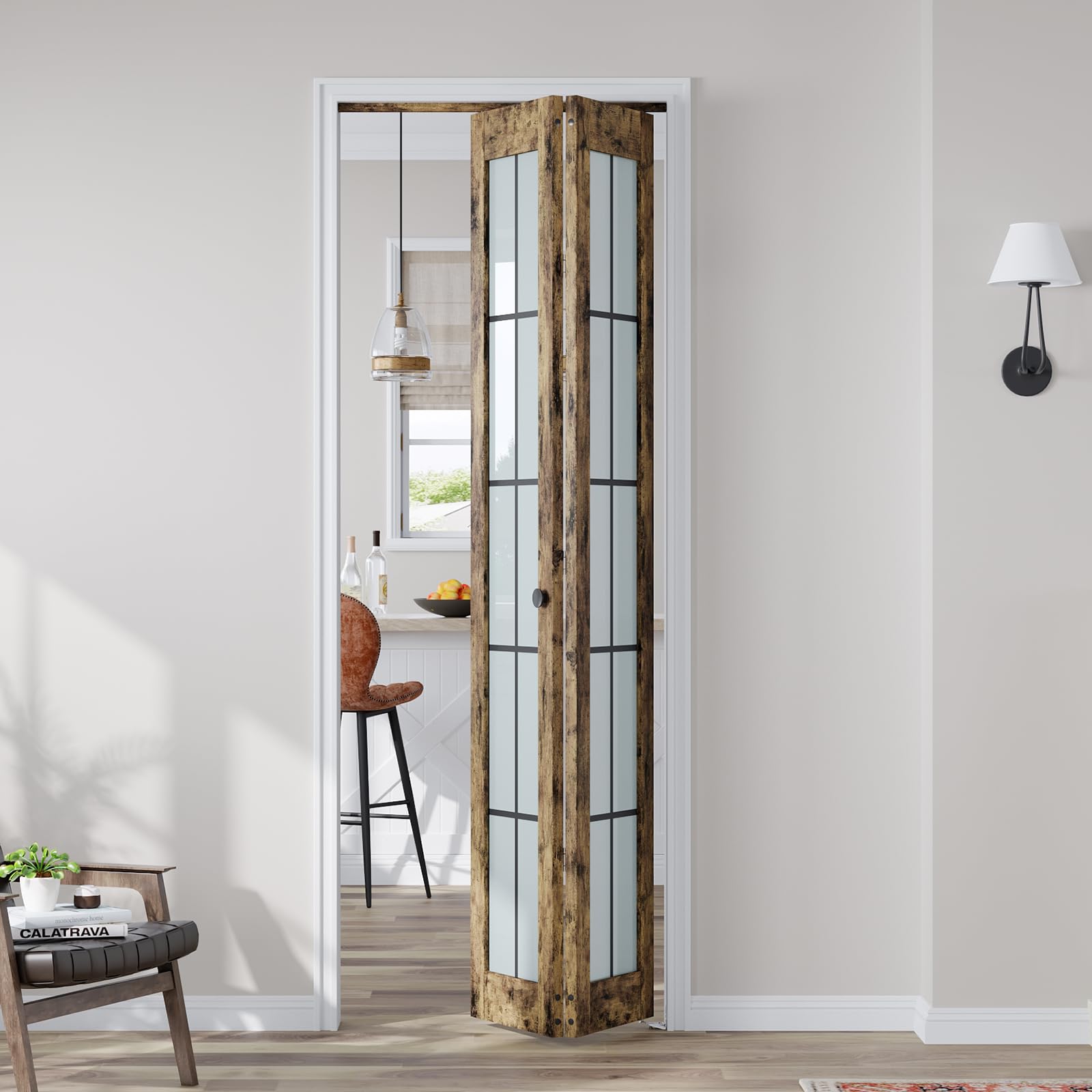 CEAKIAN Preassembled Bifold Closet Doors for 30" X 80" Opening, Country Style,Space Saving, Tempered Frosted Glass with Black Cross Grid, Bi folding Barn Door with Concealed Hardware Kit, Easy Install
