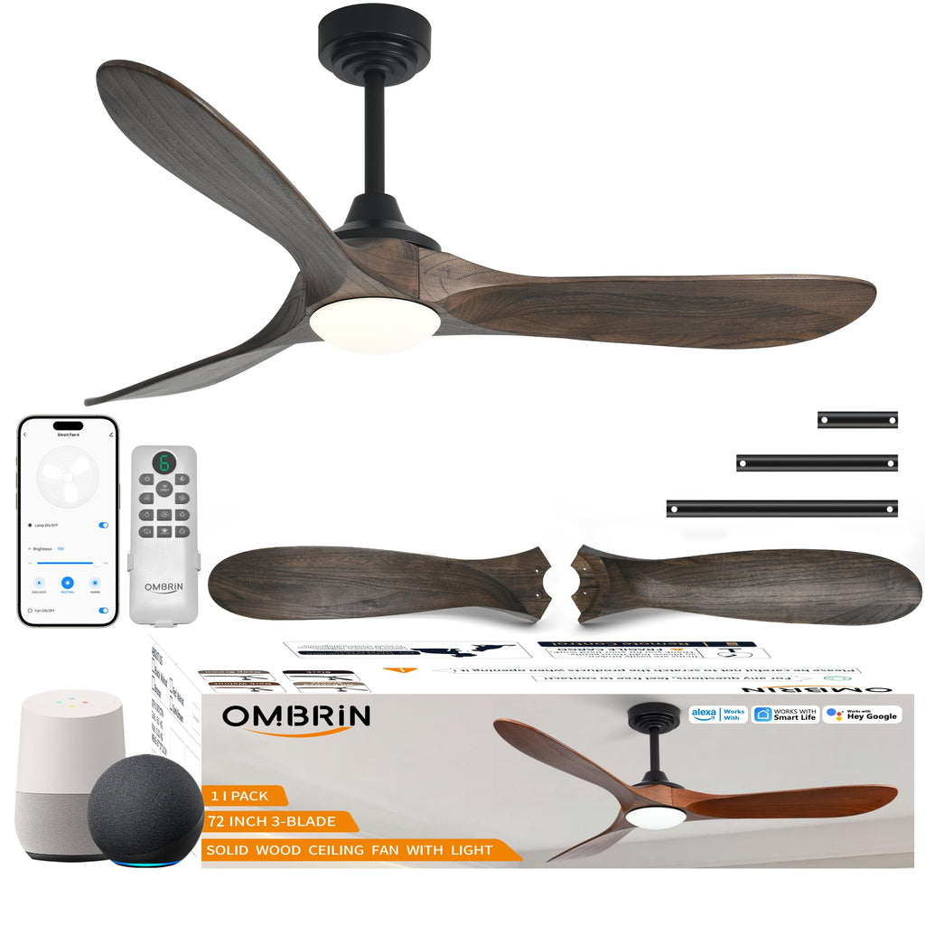 Ombrin 72 inch Outdoor Ceiling Fans with Lights,Smart Wood Large Ceiling Fan for Alexa,Google & APP Control,Indoor/Outdoor,3 Blades,3CCT Dimmable,Deep Brown Walnut,Downrod Mount for Patio Porch