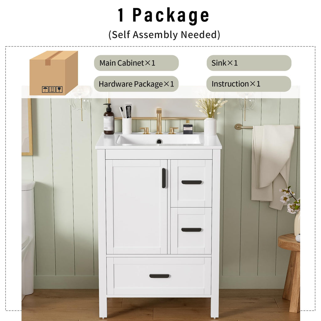Favfurish 24" Bathroom Vanity with Ceramic Sink,Freestanding Bathroom Vanities with Soft-Closing Door and Double-Layer Door Shelf,Modern Bath Storage Cabinet w/ 3 Drawers,White