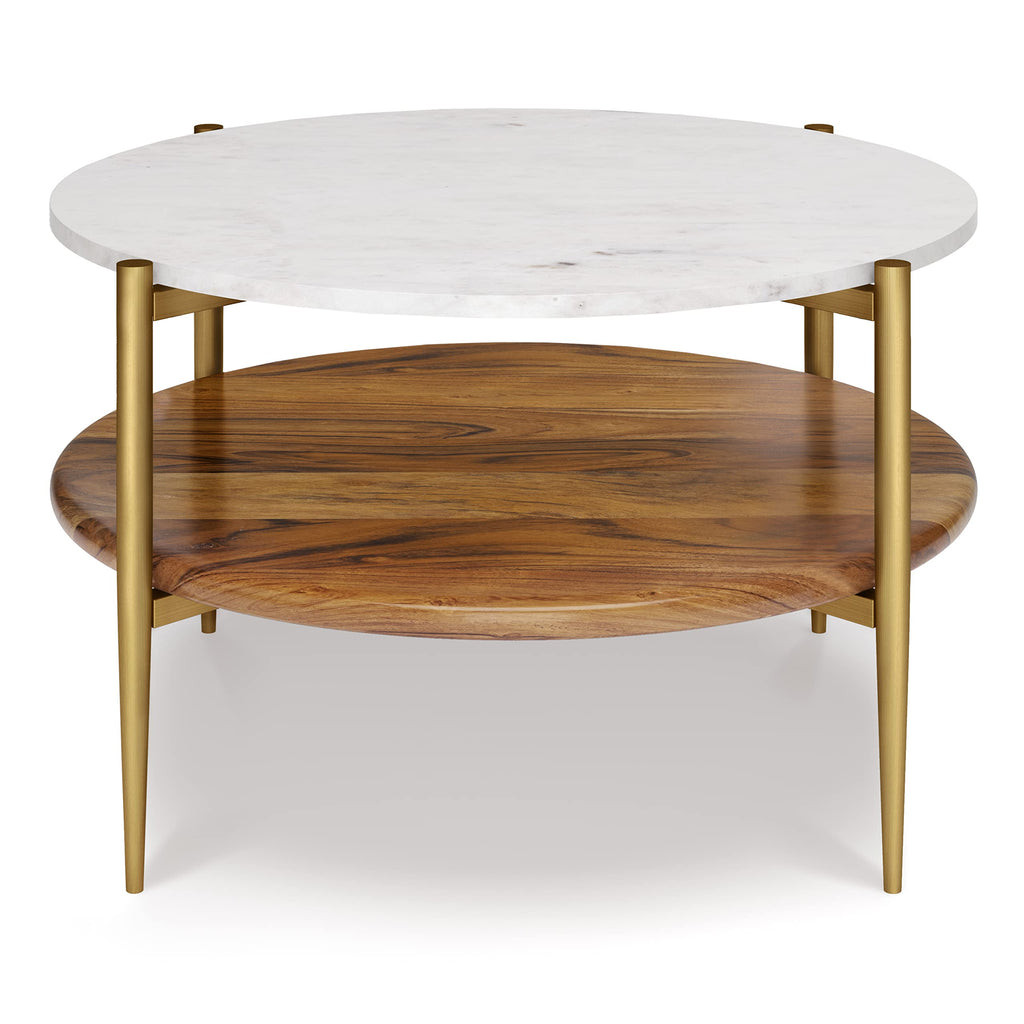 SIMPLIHOME Wagner Coffee Table - 30 inch Wide Solid Acacia Wood and Genuine Marble Round Living Room Table in White and Natural, Mid-Century Modern Table for Family Room with Gold Metal Base and Legs