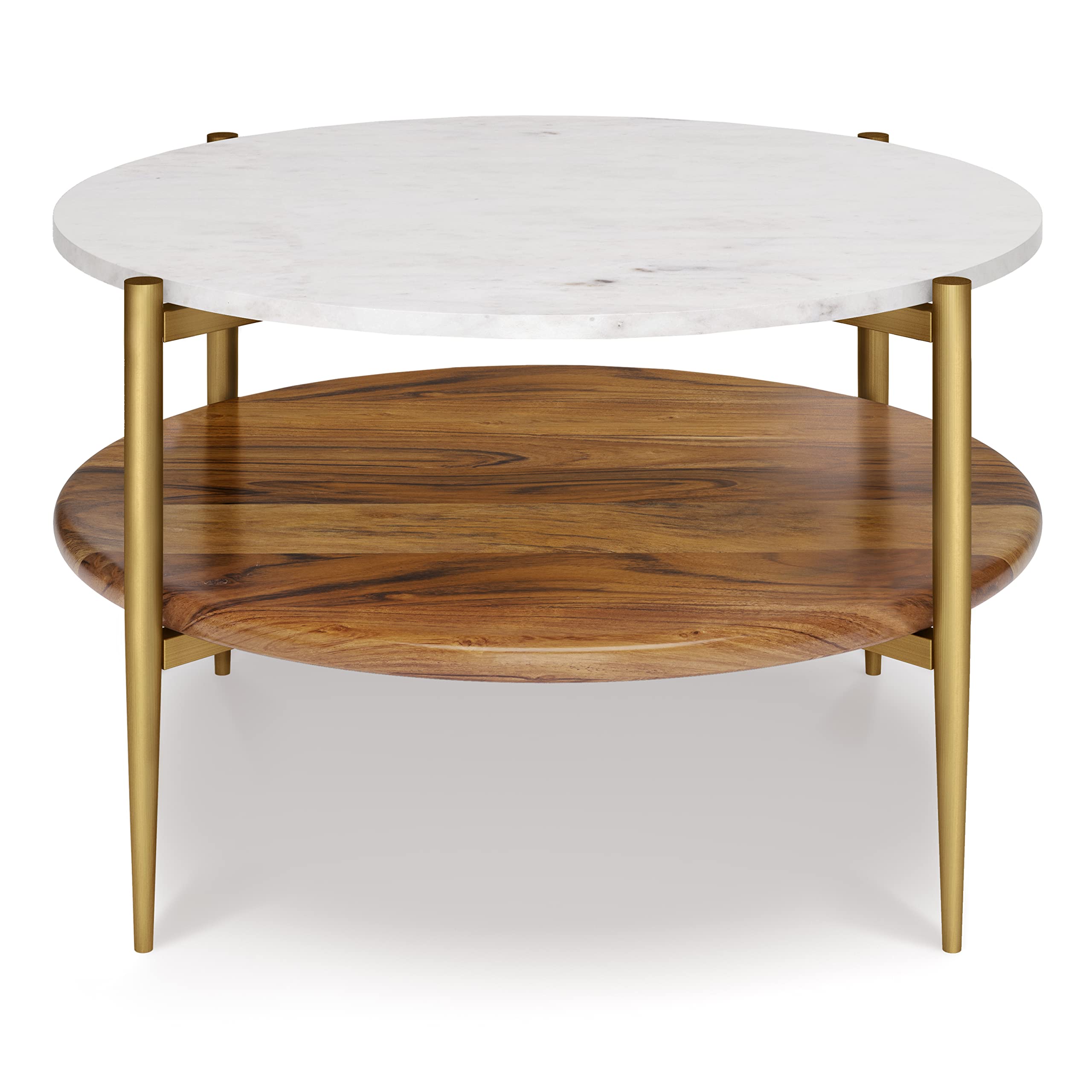 SIMPLIHOME Wagner Coffee Table - 30 inch Wide Solid Acacia Wood and Genuine Marble Round Living Room Table in White and Natural, Mid-Century Modern Table for Family Room with Gold Metal Base and Legs