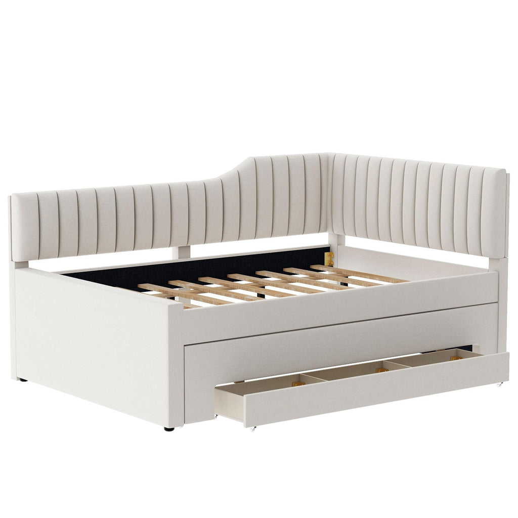 Merax Full Size Upholstered Wood Daybed Extendable Sofa Bed with Trundle and Three Storage Drawers for Living Room Guest Room, Beige