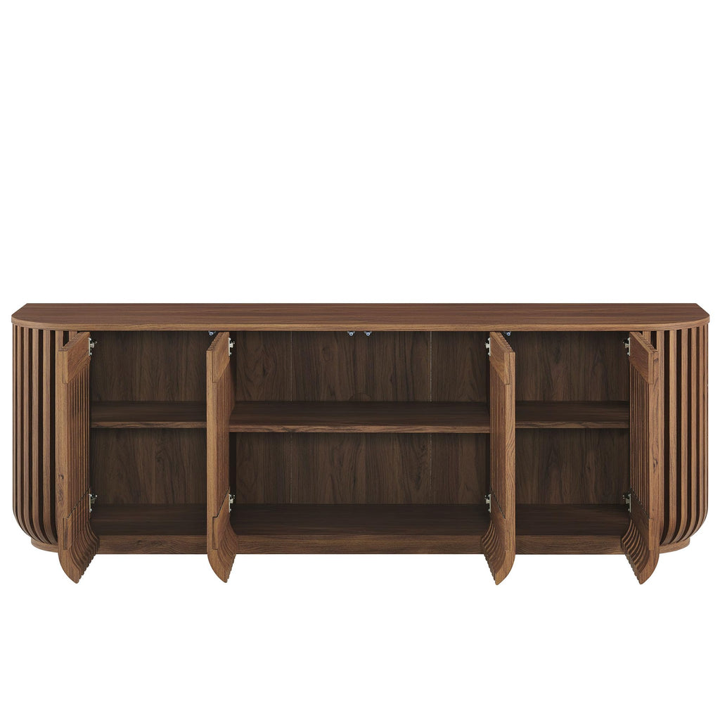 Modway Fortitude 75" Fluted Curved Sideboard Buffet with 4 Doors in Walnut – Modern Media Console TV Stand with Adjustable Shelves and Cable Management – Office Credenza Storage Cabinet