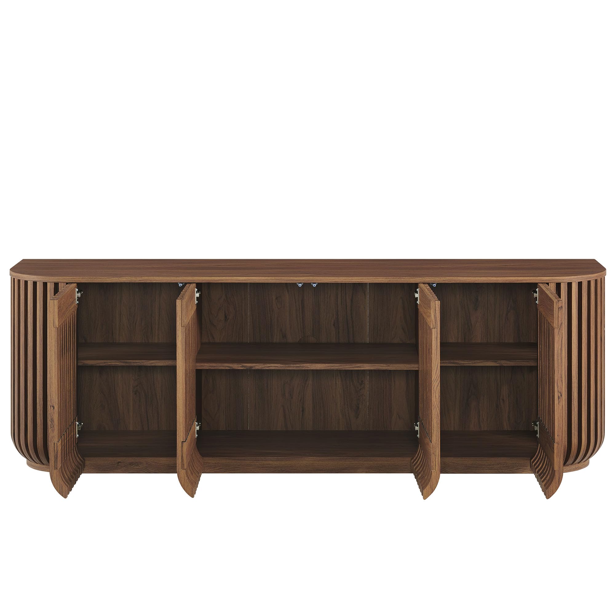 Modway Fortitude 75" Fluted Curved Sideboard Buffet with 4 Doors in Walnut – Modern Media Console TV Stand with Adjustable Shelves and Cable Management – Office Credenza Storage Cabinet