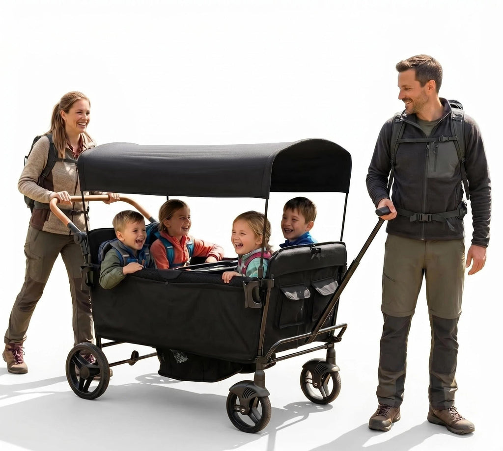 Voupou Stroller Wagon for 4 Kids Seated-Tandem Fold Stroller Push-Pull Lightweight Travel Trolley with 5-Point Harness,Adjustable Handle and Canopy,Mosquito Net,Footwells,Child Tray,Cup Holder,Storage