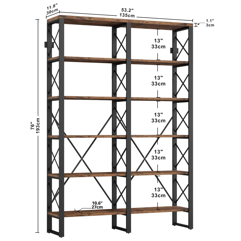 IRONCK Bookshelf Double Wide 6-Tier 76" H, Open Large Bookcase, Industrial Style Shelves, Wood and Metal Bookshelves for Home Office, Easy Assembly