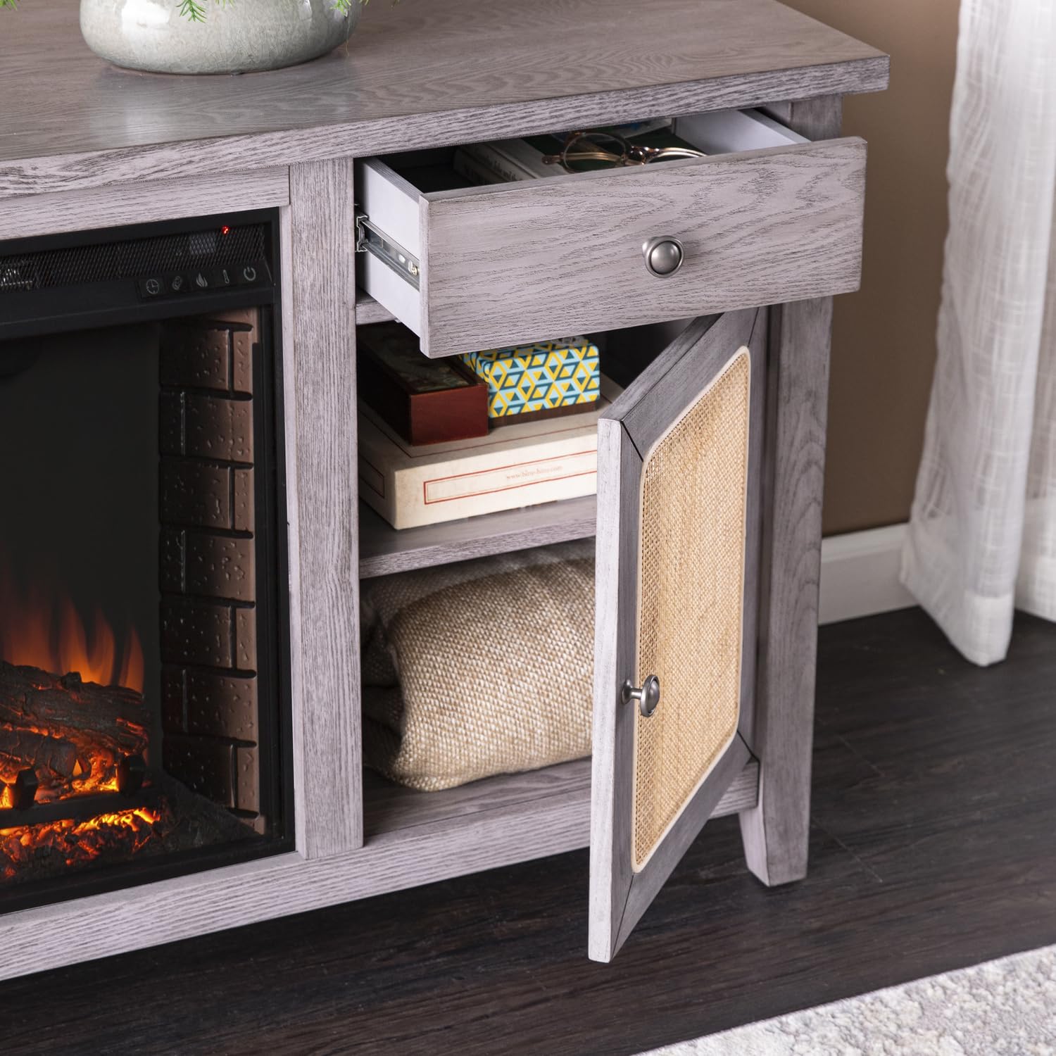 SEI Furniture Edderton Electric Fireplace TV Stand with Storage for TVs up to 56 Inches, Color Changing LED Flame, Gray