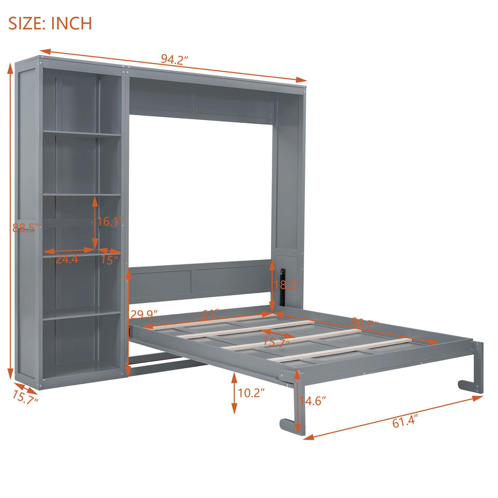Merax Space-Saving Gray Murphy Bed Queen Size with Adjustable Storage Shelves, Multifunctional Foldable Wall Bed for Small Spaces Studio Study Office Guest Room
