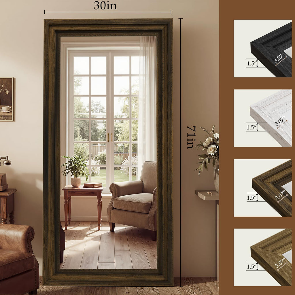 WISSMIELS Full Length Mirror 71"x30", Large Solid Wood Frame Floor Mirror, Leaning Floor Mirror, Stable Frame, Shatterproof Glass, Modern Classic Style for Bedroom, Living Room, Entryway