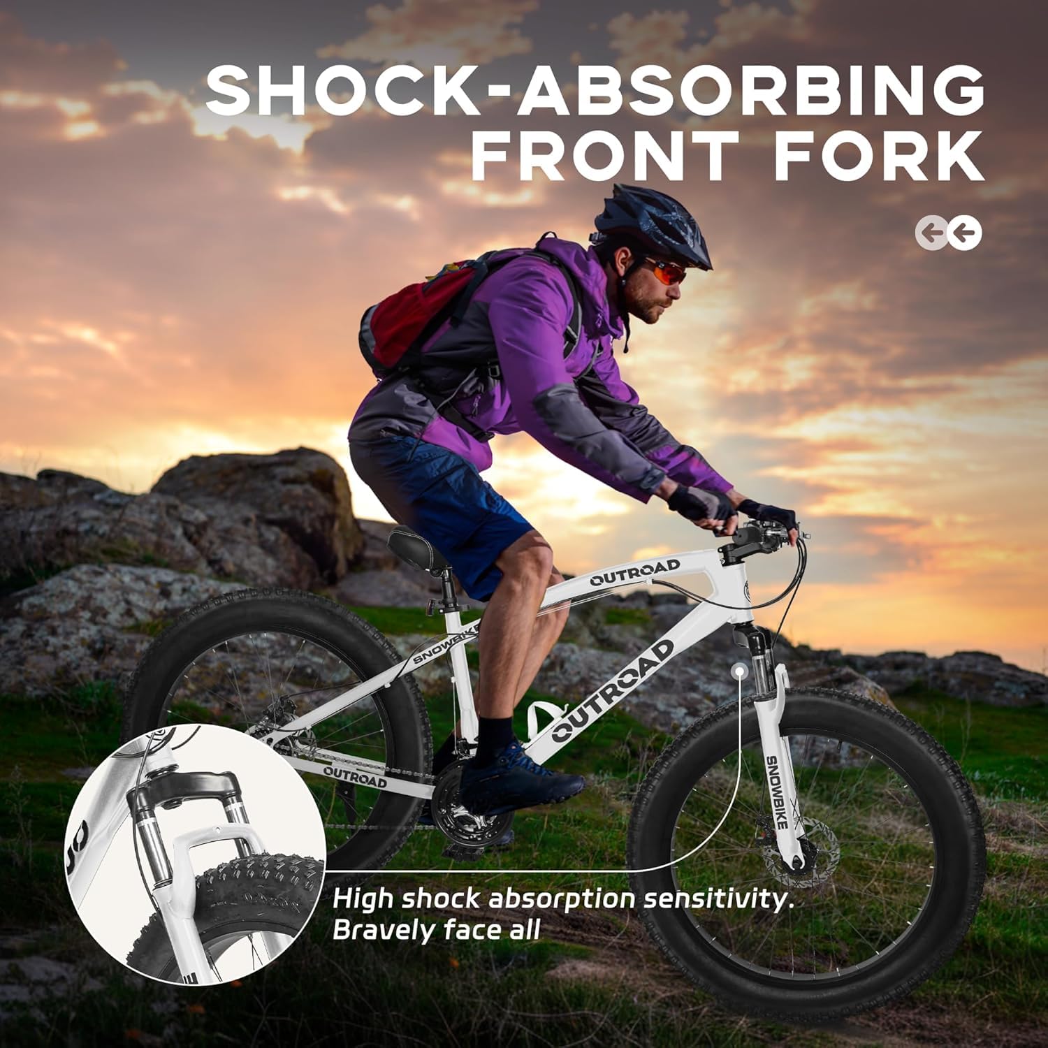 Outroad Mountain Bike Fat Tire with 4-Inch Tire 26 inch Wheels, 21 Speed with High Carbon Steel Frame, Double Disc Brake and Front Suspension Anti-Slip Bikes for Men and Women, White