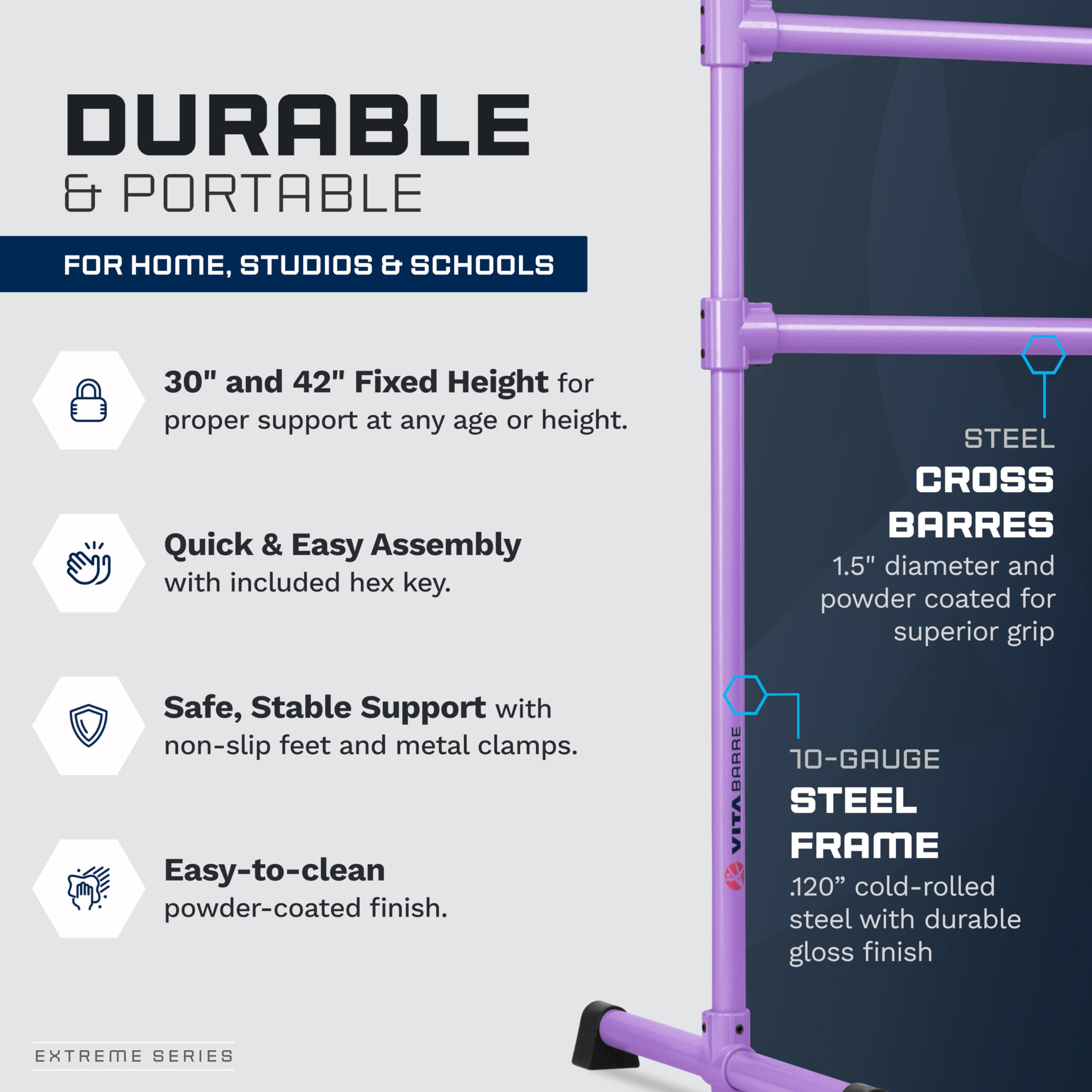 VITA Barre Portable Freestanding Double Ballet Barre, Extreme, 6 Ft Bars, Purple, Steel | Fixed Height, Made in USA, Home or Gym Exercise Equipment for Kids & Adults | Dance, Fitness, Pilates