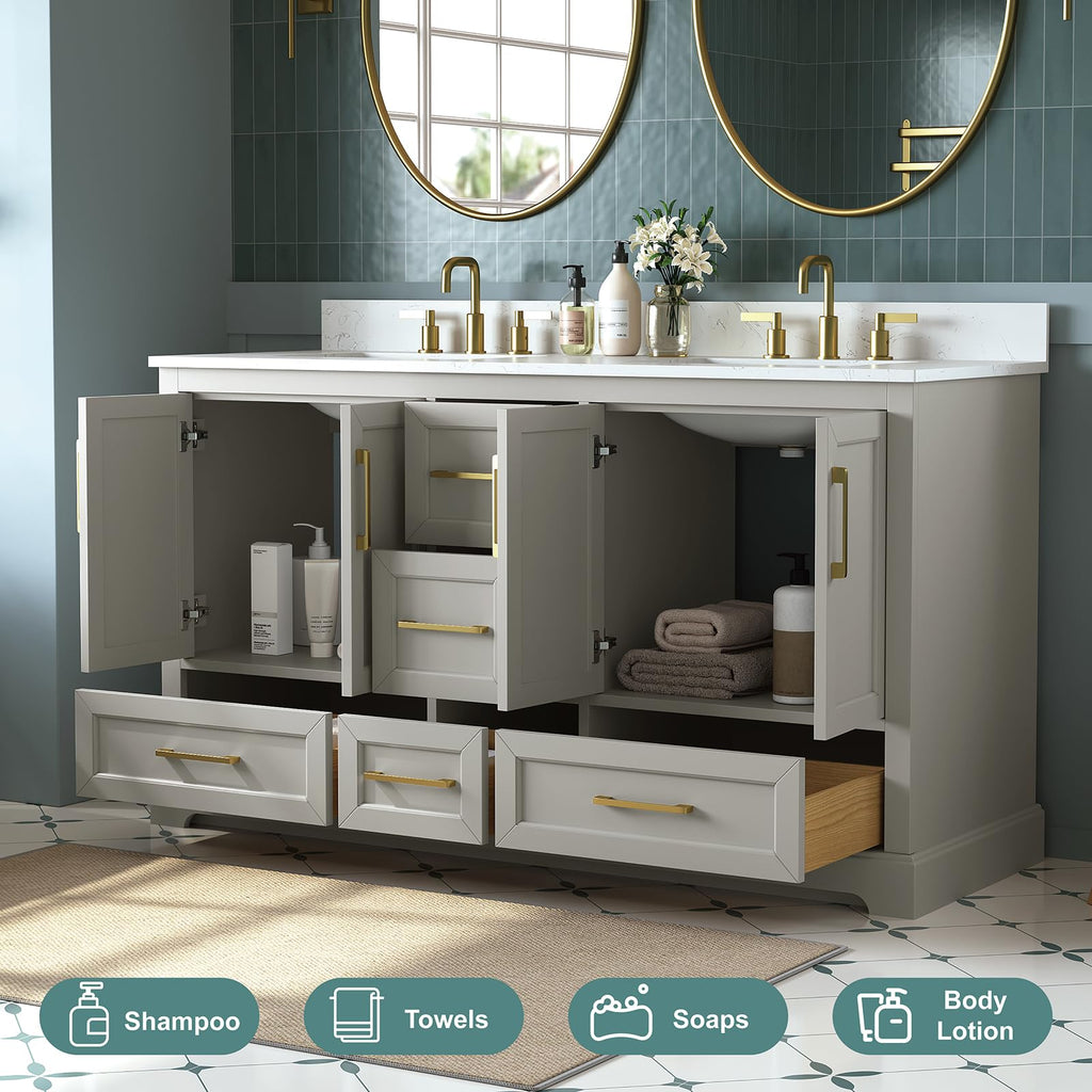 DELUXE LIVING 60 Inch Bathroom Vanity with Double Sink Combo, Solid Wood Frame with Mable Top &Backspalsh, Fully-Assembled with Soft-Closing Doors & 5 Drawers, Greige