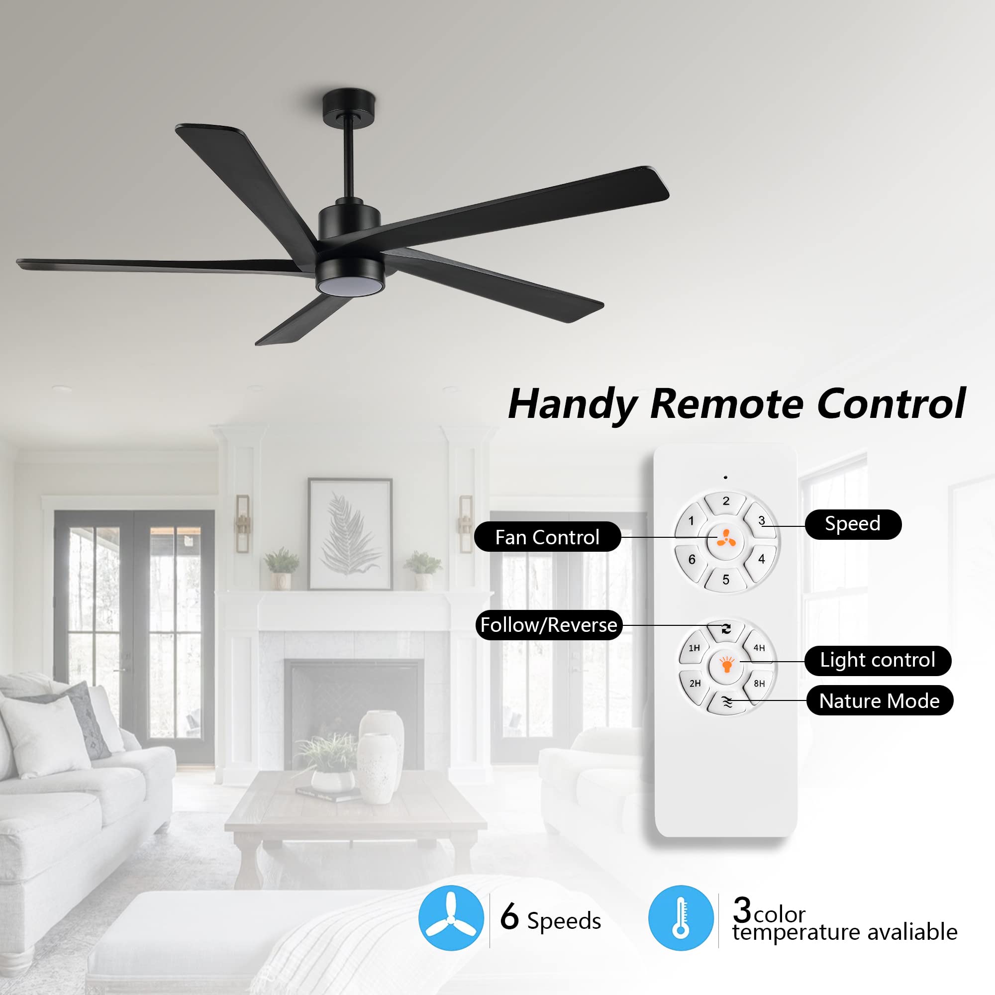 WINGBO 64" DC Ceiling Fan with Lights, 5 Carved Solid Wood Blades, 6-Speed Reversible DC Motor, Matte Black Finish Ceiling Fan with Remote, Black