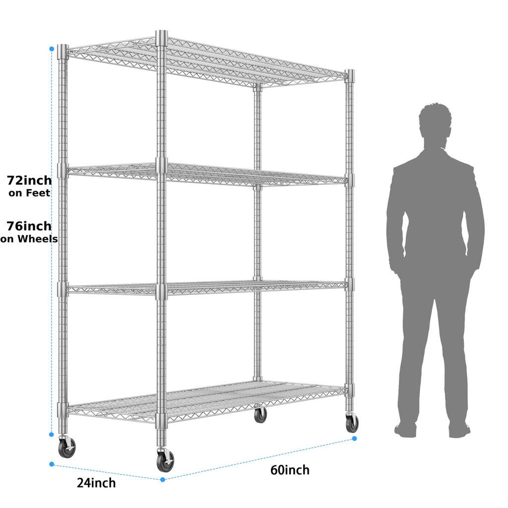 Homdox 4-Tier Heavy Duty Metal Shelves with Wheels - 2400LBS Commercial Adjustable Shelves for Garage, Pantry, Kitchen - 24"x60"x72", Chrome