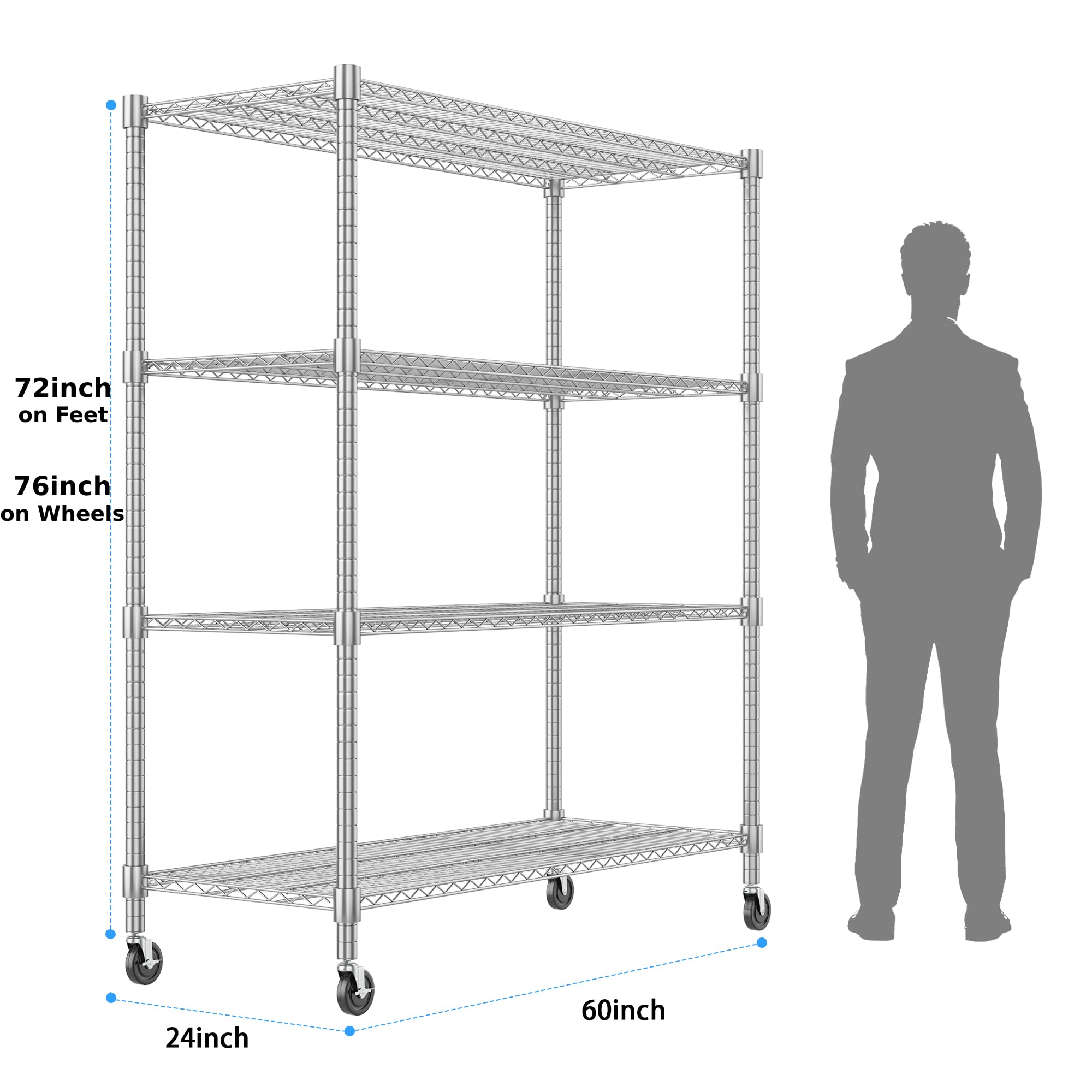 Homdox 4-Tier Heavy Duty Metal Shelves with Wheels - 2400LBS Commercial Adjustable Shelves for Garage, Pantry, Kitchen - 24"x60"x72", Chrome