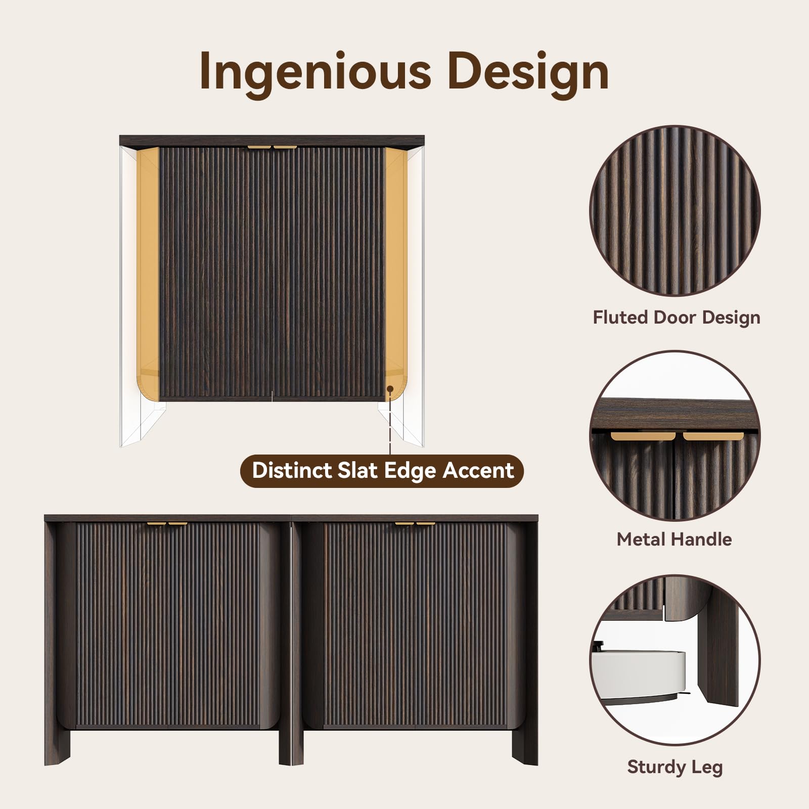 MorganBrig 63" W Walnut Sideboard Buffet Cabinet with Storage, Fluted Accent Console Cabinet, Mid Century Modern Credenza for Living Room Kitchen Entryway Dining Room, Dark Walnut