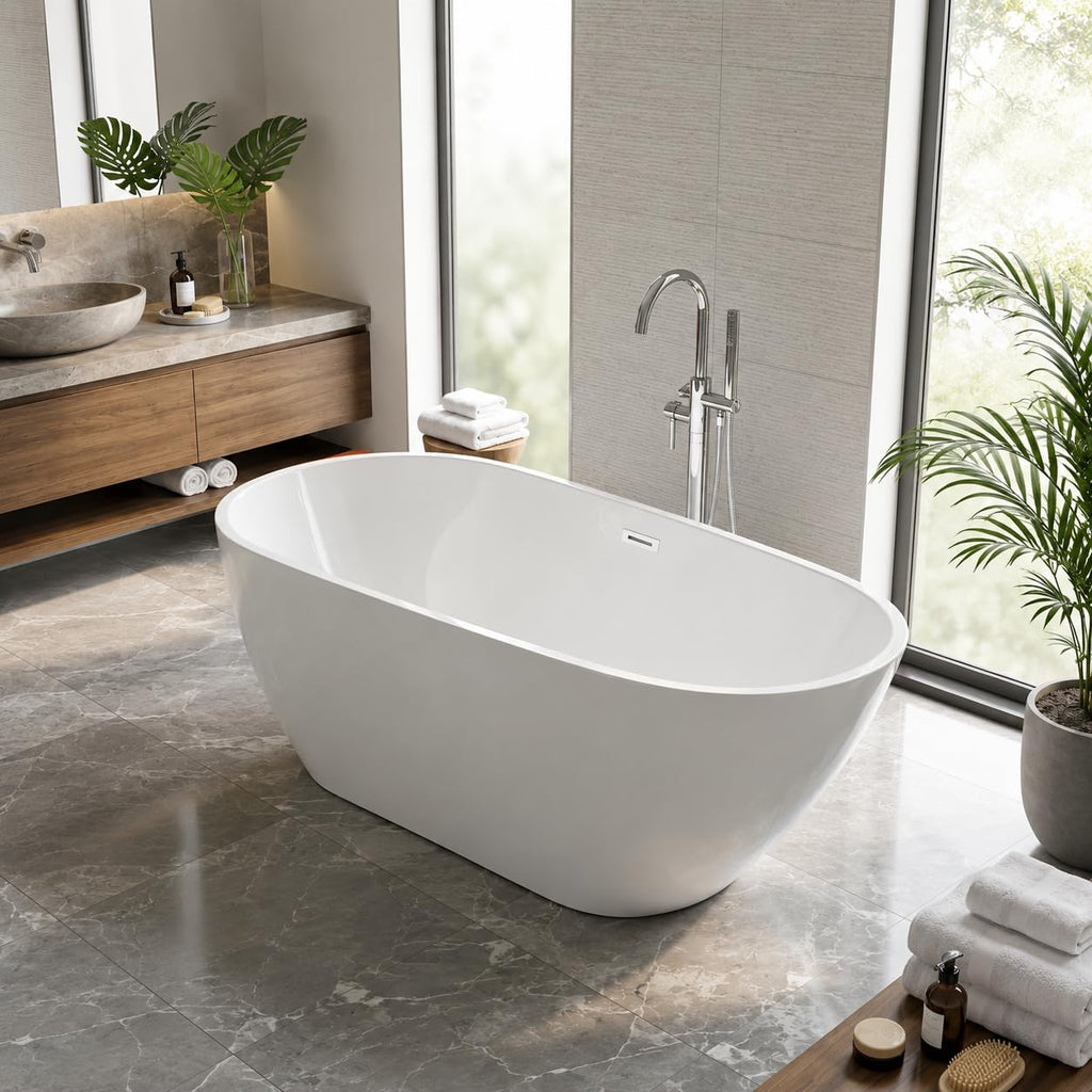 Garvee 67" Deep Soaking Bathtub, Non-Slip Acrylic Tub with Chrome Drain, cUPC Certified, Ergonomic Modern Bath for Bathrooms, Easy-Install, White Pearl