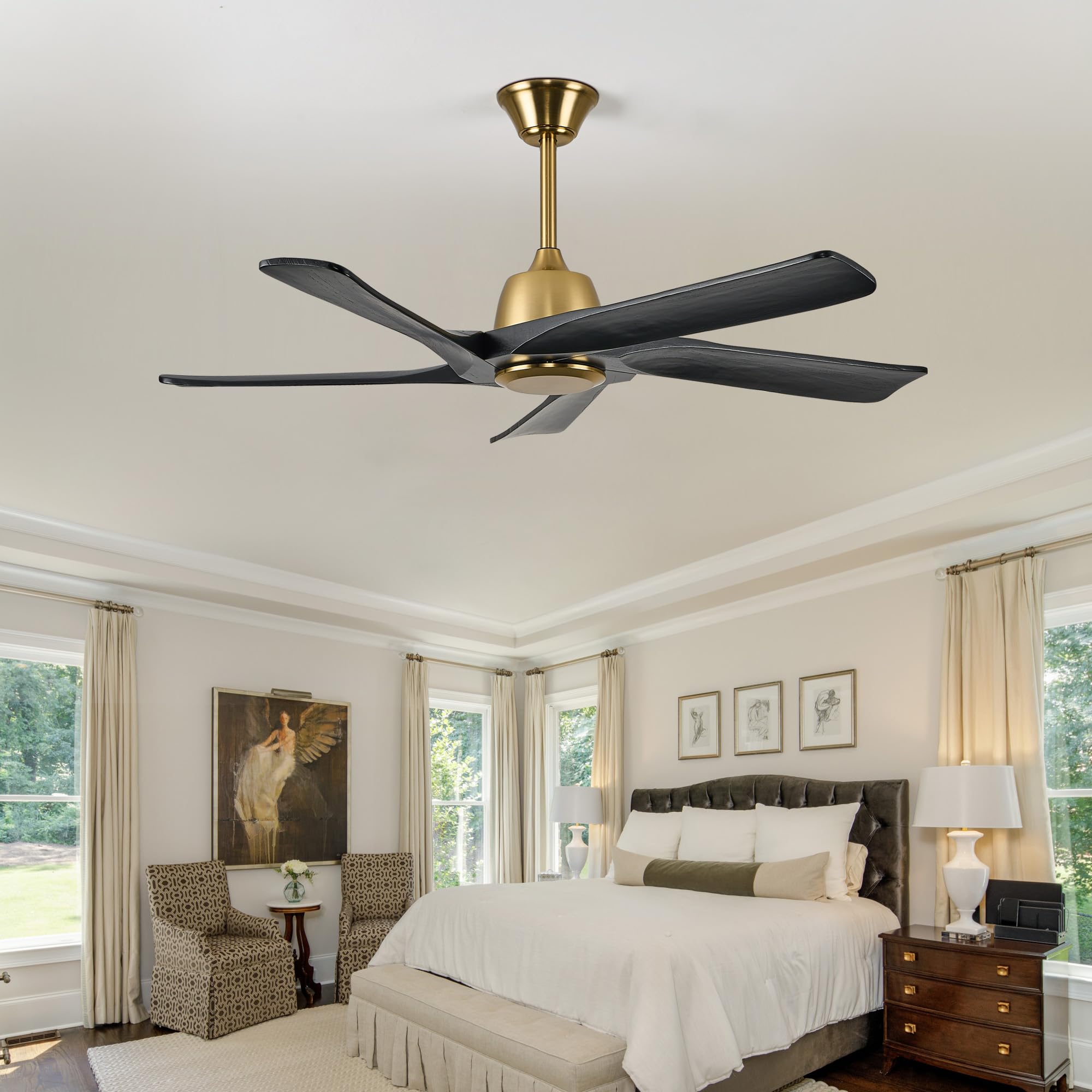 LVYEAYOU 52 Inch Solid Wood Ceiling Fan No Lights, Remote and APP Control, DC Motor, 6-speed Reversible, for Bedroom, Living Room, Office, Black Gold