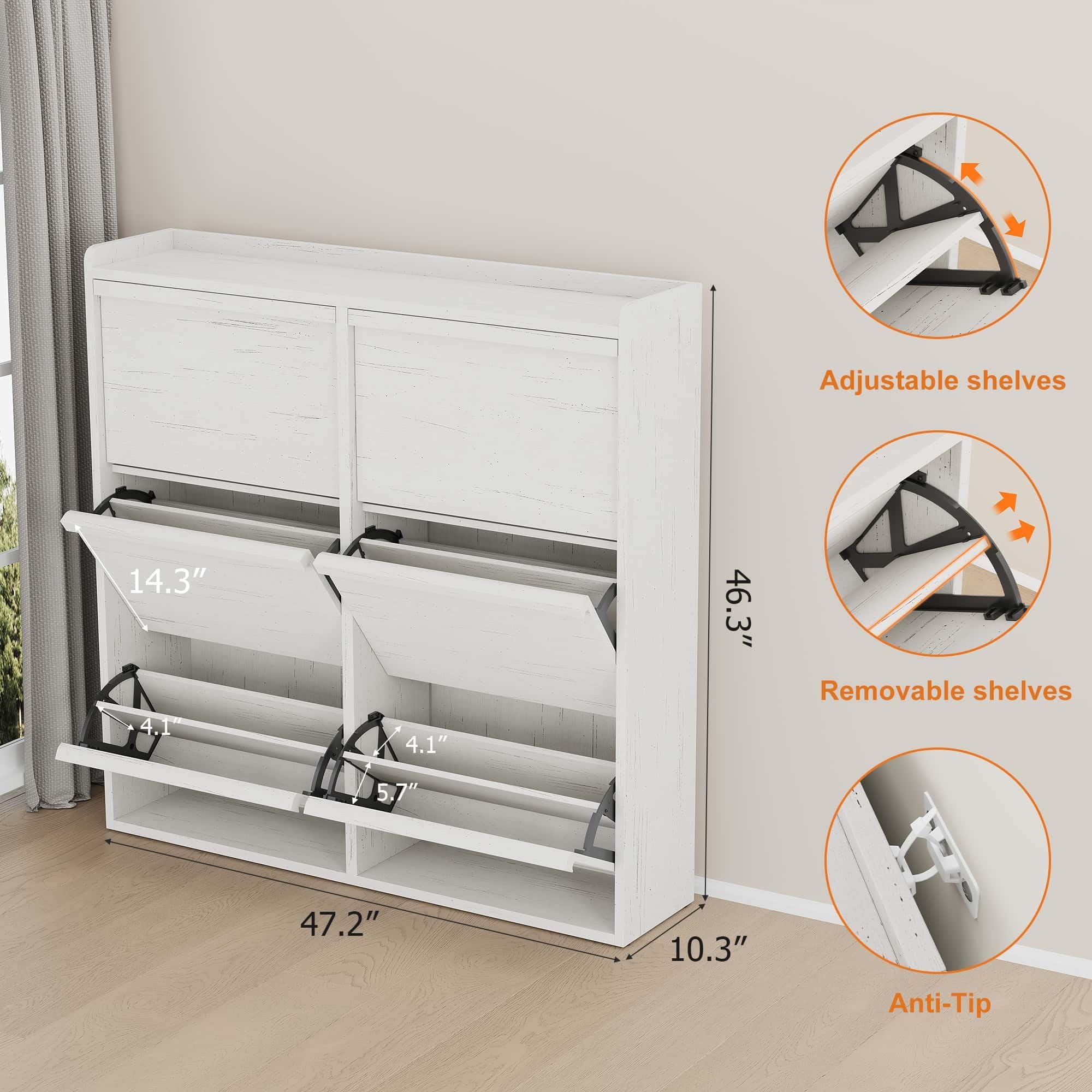 CABIHOME Shoe Cabinet with 6 Flip Drawers, Narrow Cabinet with Adjustable and Removable Shelves, Modern Wooden Shoe Organizer with Hidden Handle for Entryway, Hallway, Living Room, Antique White