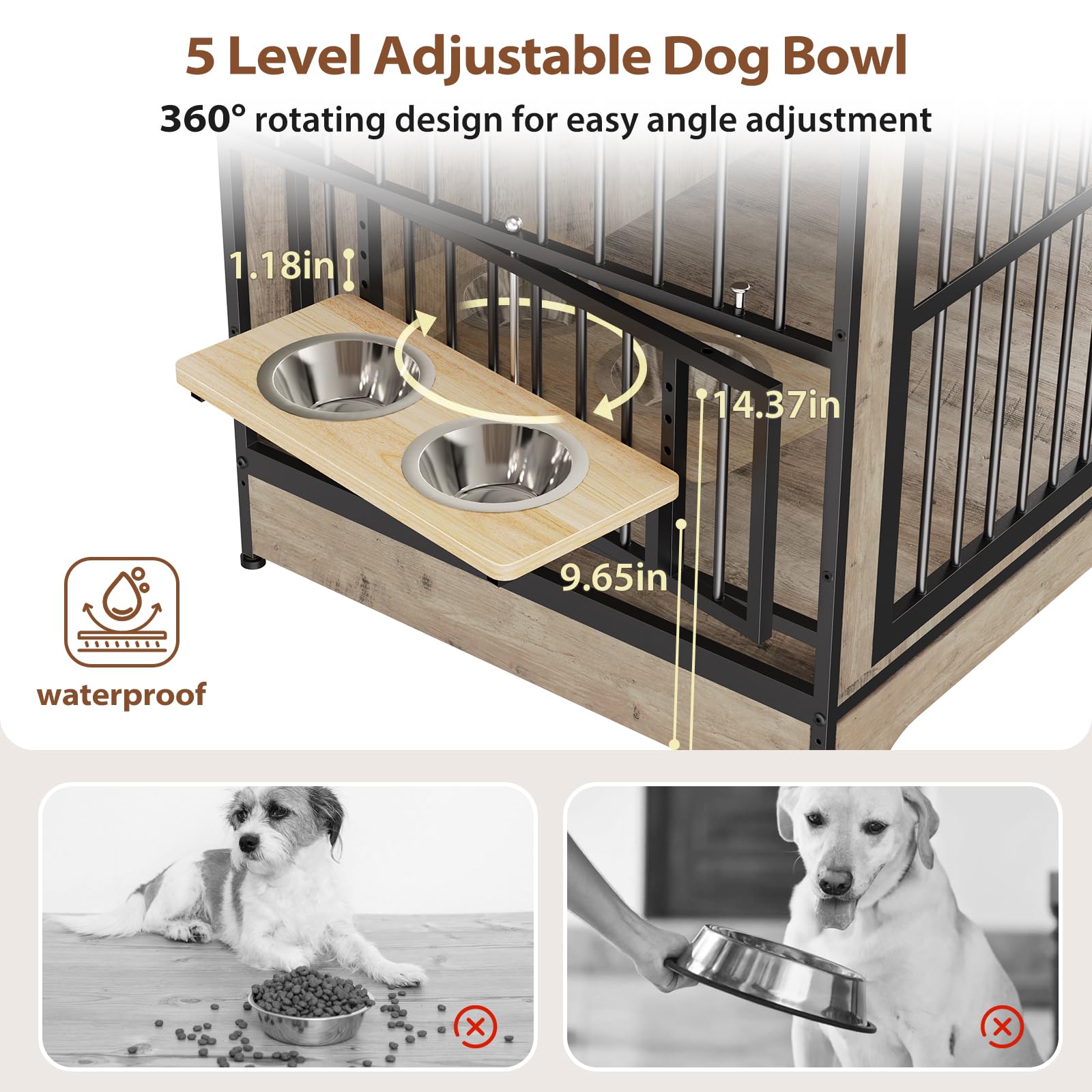 Rovibek 78 Double Dog Crate Furniture for 2 Large Dogs Indoor, Wooden Furniture Dog Crates with Dog Bowl, Dog Kennel Furniture TV Stand Large Breed Grey