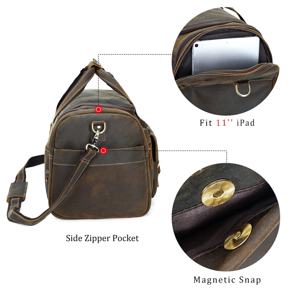 Polare 23" Expandable to 29'' Duffel Retro Thick Full Grain Cowhide Leather Gym Weekender Overnight Luggage Bag For Men