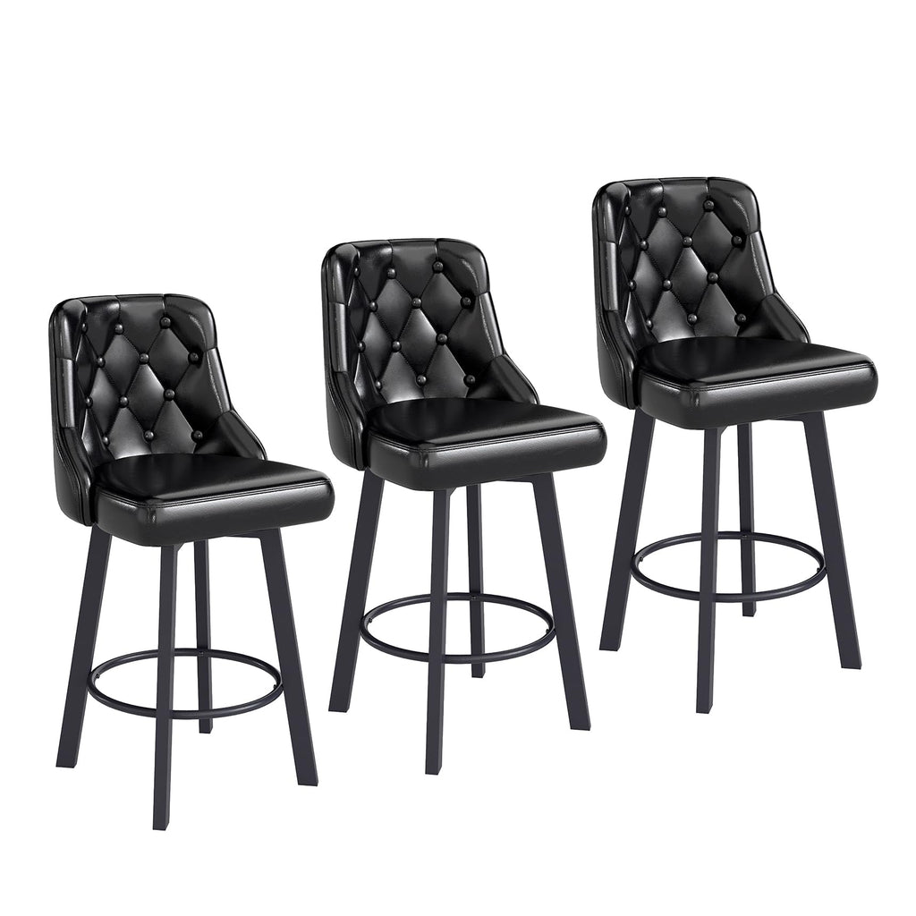 Youhauchair Bar Stools Set of 3, 26" Tufted Modern Counter Height Barstools with Back & Footrest & Metal Leg, Faux Leather Upholstered Bar Chair for Kitchen Island, Dining Room, Pub, Cafe, Black