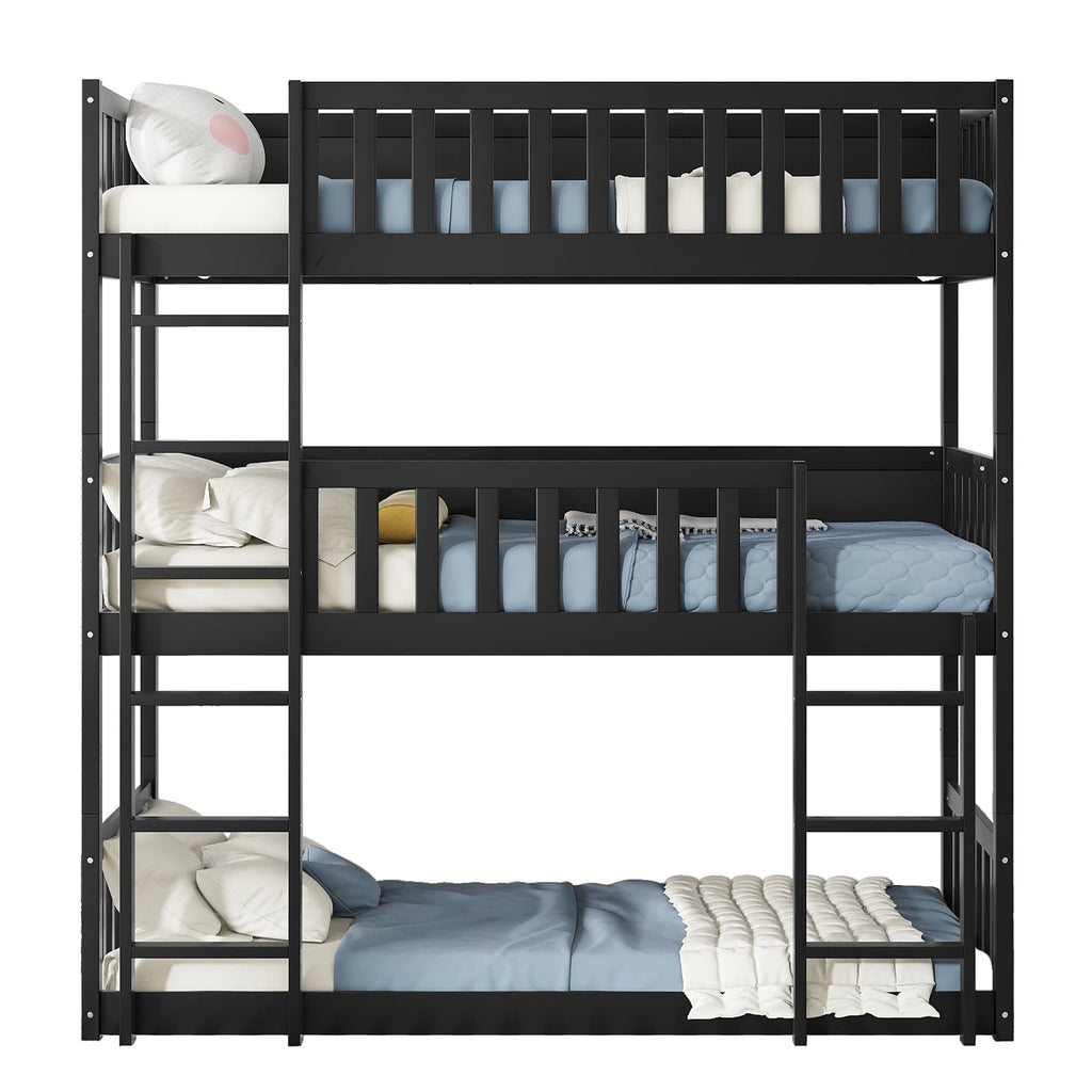 Solid Wood Triple Bunk Bed for 3 Kids, 3 Bed Bunk Beds with Two Built-in Ladders,Twin Over Twin Over Twin Triple Bunk Bed,Detachable Triple Bunk Beds Twin Size,Black