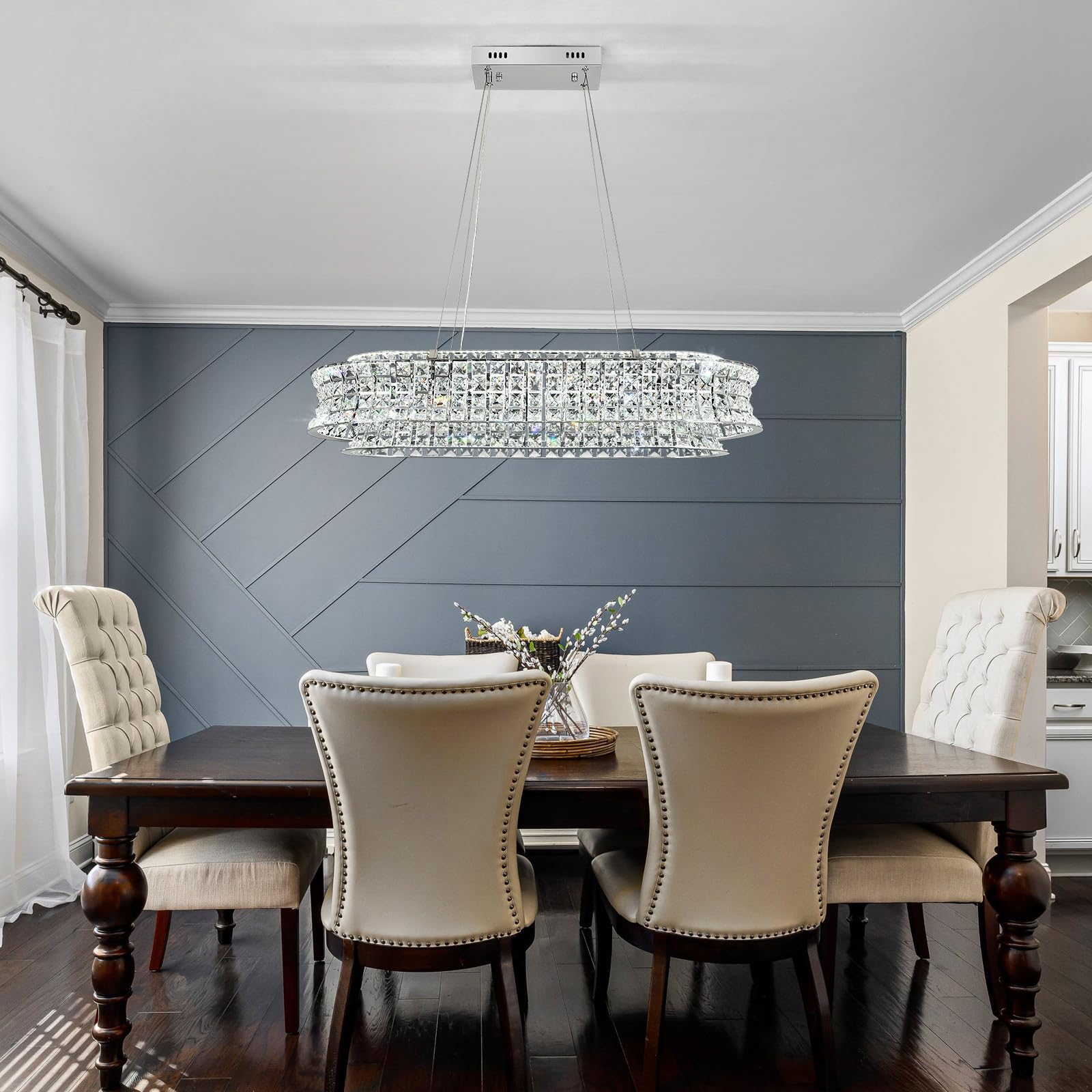 AOOCHOK Modern Crystal Chandelier for Living Room, LED Chrome Pendant Lights, Oval Crystal Hanging Lamp for Living Room, Dining Room, Restaurant, 30 x 14 inch