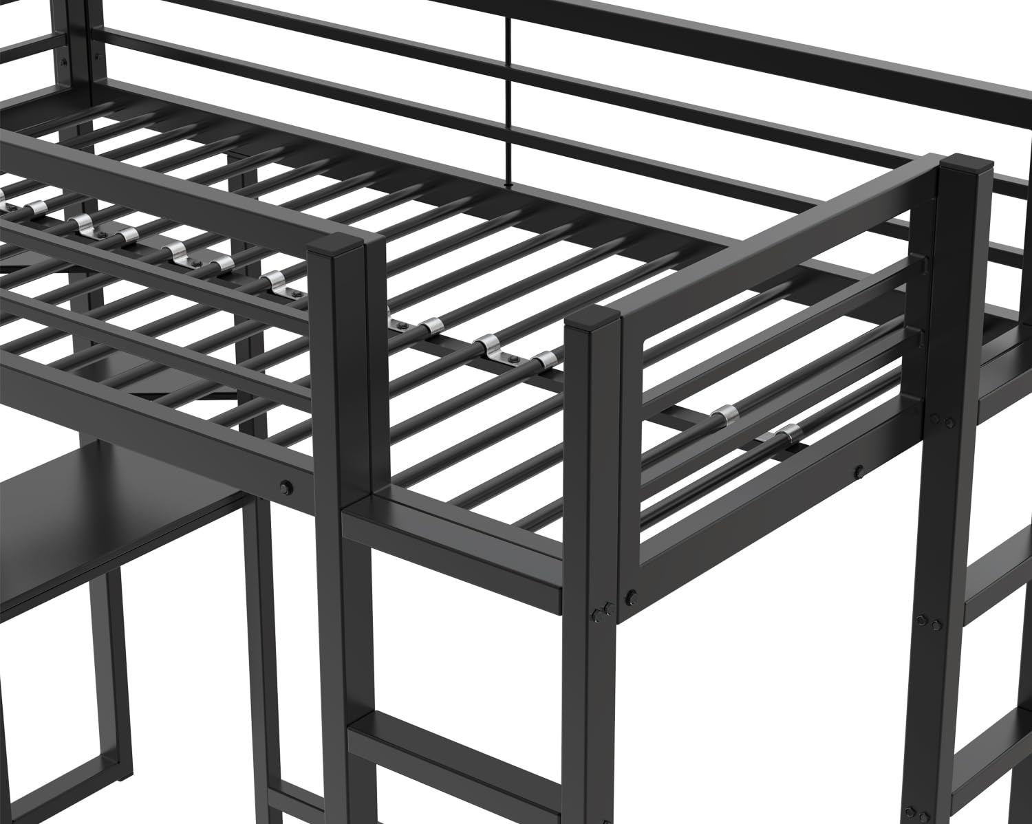 KEIKI Twin Size Loft Bed with Desk, 2 Side Ladders, Storage Shelves, Safety Guardrail, No Box Spring Needed, Space-Saving Metal Loft Bed Frame for Kids/Teens/Adults