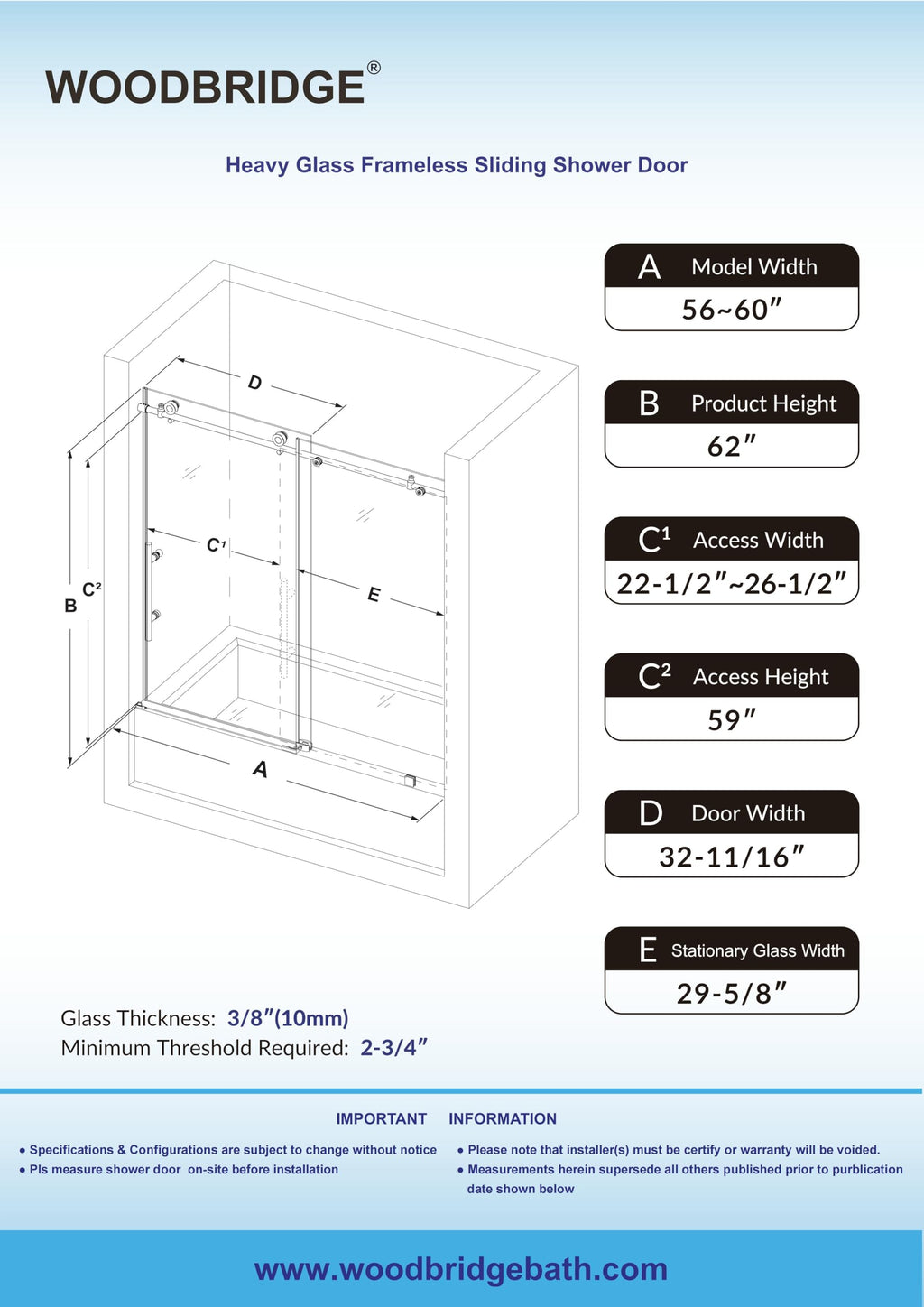 WOODBRIDGE MBSDC 6062-C Frameless Bathtub Shower Doors 56-60" Width x 62" Height with 3/8"(10mm) Clear Tempered Glass in Polished Chrome Finish