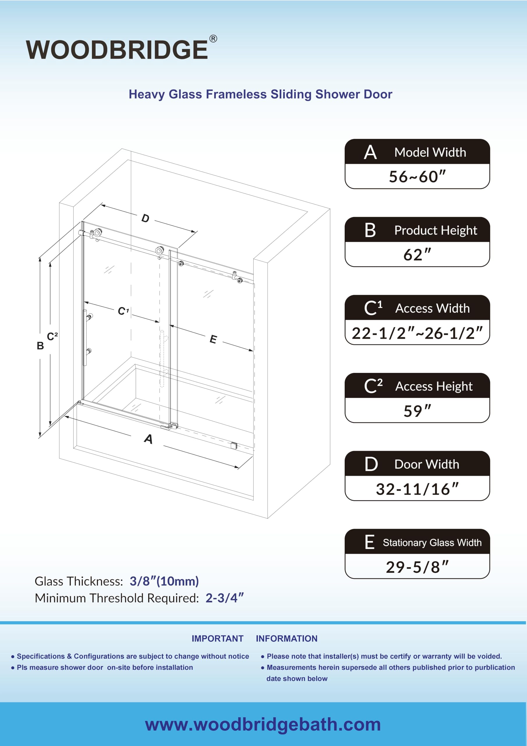 WOODBRIDGE MBSDC 6062-C Frameless Bathtub Shower Doors 56-60" Width x 62" Height with 3/8"(10mm) Clear Tempered Glass in Polished Chrome Finish