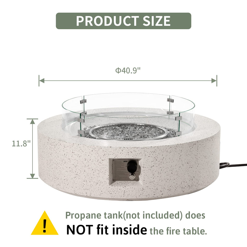 COSIEST Outdoor Propane Fire Pit Coffee Table w Terrazzo White 42 inch Round Base Patio Heater, Certified, 50,000 BTU Stainless Steel Burner, Wind Guard, Transparent Gray Fire Glass, Rain Cover