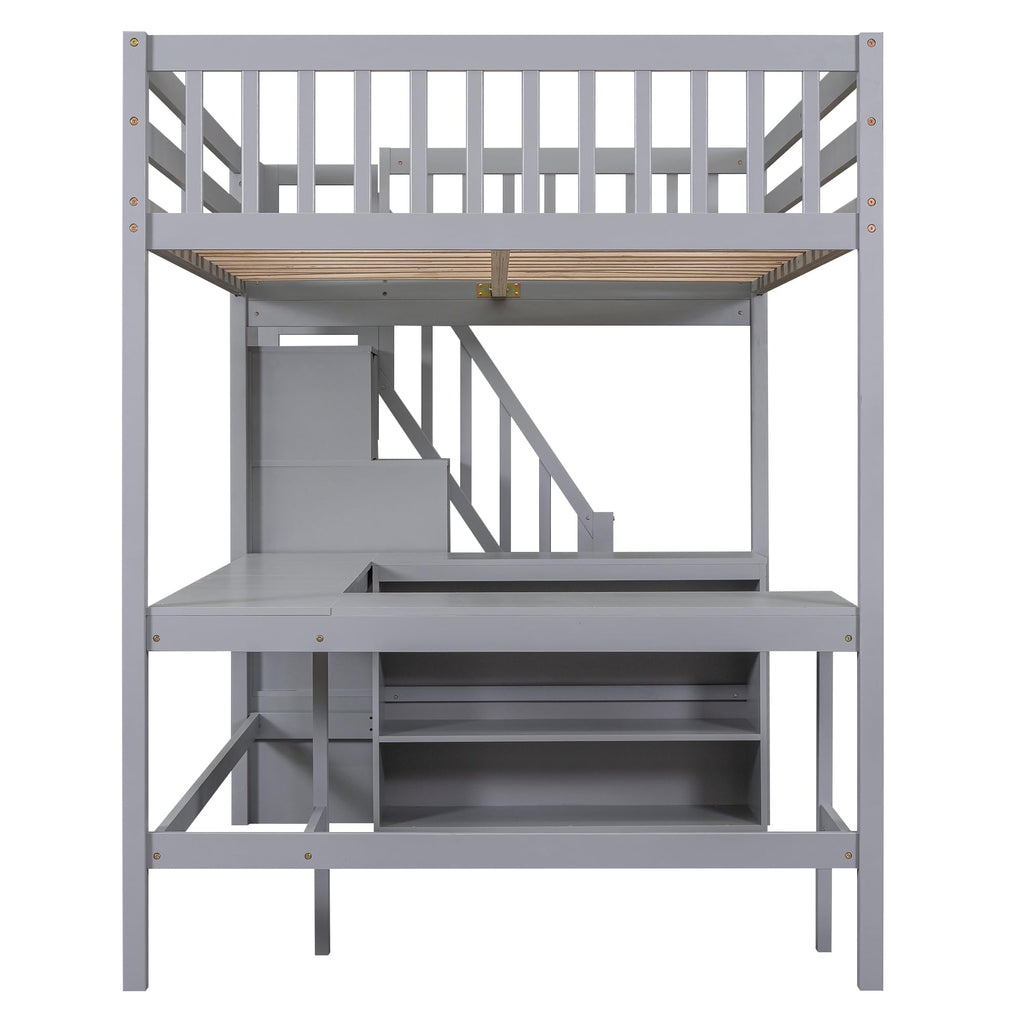 Ball & Cast Loft Bed Full Size with Built-in L-Shaped Desk and Three-Tier Storage Shelves,Wooden Bedframe w/Storager Staircase & Guardrails,Space Saving,Bedroom Furniture for Student Dorms,Gray