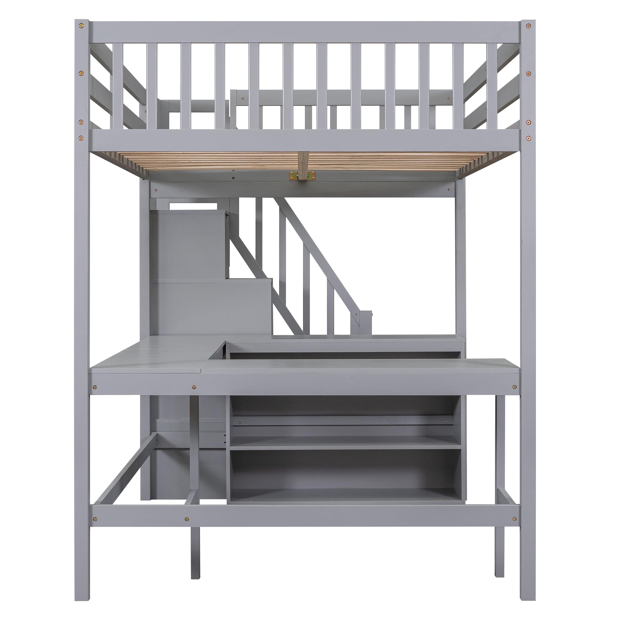 Ball & Cast Loft Bed Full Size with Built-in L-Shaped Desk and Three-Tier Storage Shelves,Wooden Bedframe w/Storager Staircase & Guardrails,Space Saving,Bedroom Furniture for Student Dorms,Gray